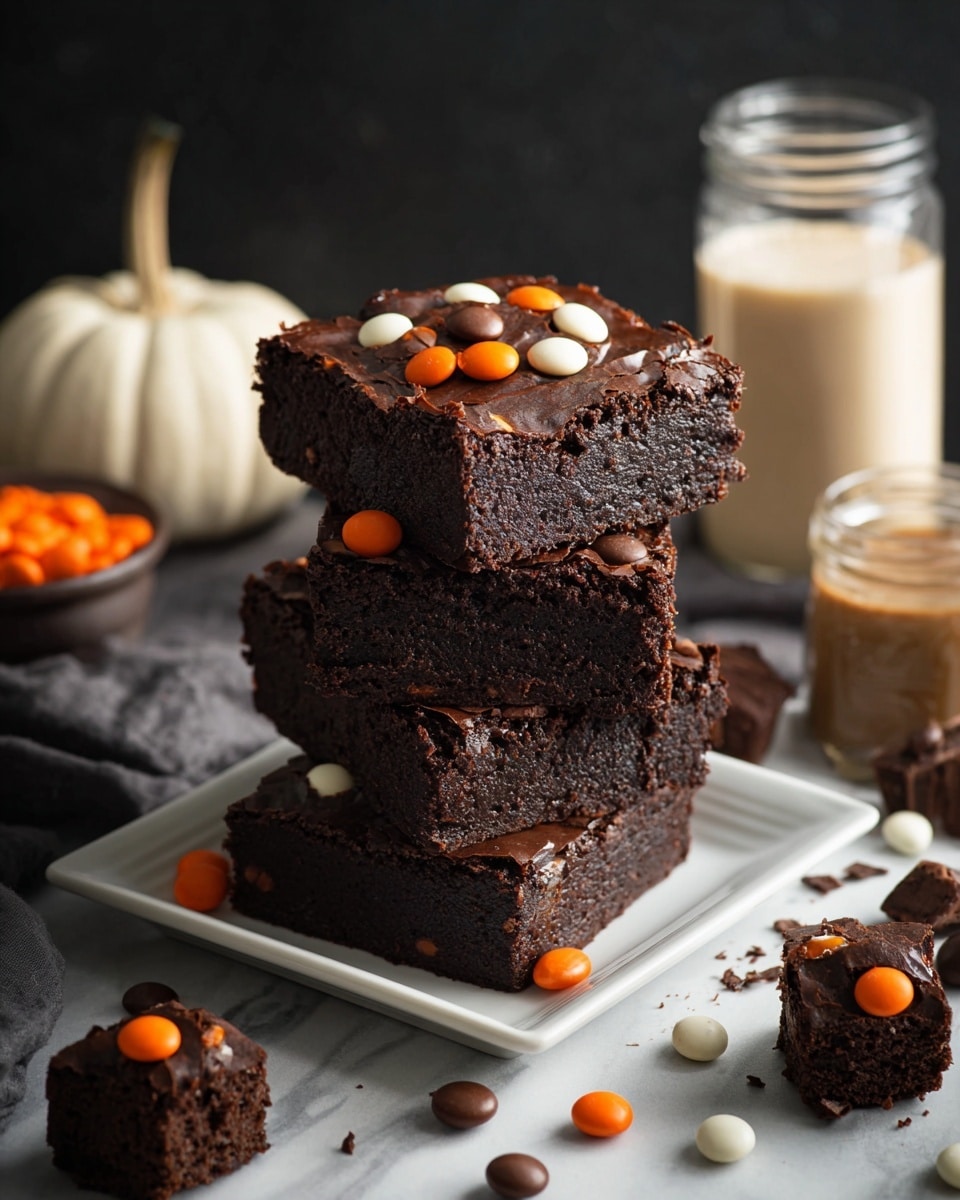 A stack of four thick, dark chocolate brownies with a shiny, slightly cracked chocolate top layer is placed on a white plate. The brownies are rich and dense with visible chocolate chips inside. The second layer from the top is separated from the one below it by a thin sheet of black parchment paper. Small round candy pieces in orange, dark brown, and white colors are scattered on top of the brownies and around the plate. Around the plate, there are small square brownie bites with a chocolate drizzle on top. In the background, there is a clear glass with creamy white milk and two glass jars with dark chocolate drinks, along with a small orange pumpkin and a white pumpkin on a white marbled surface. photo taken with an iphone --ar 4:5 --v 7
