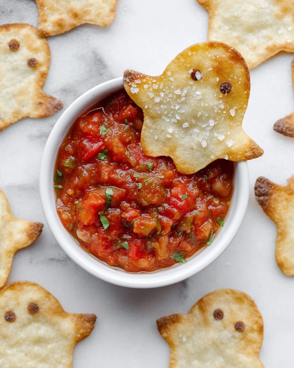 A small white bowl filled with chunky red salsa that has visible pieces of tomato, onion, and green herbs on top, placed on a white marbled surface. One crispy, light golden cracker shaped like a ghost is dipped halfway into the salsa, sprinkled with coarse salt and small browned spots. Around the bowl, similar ghost-shaped crackers are scattered, showing a slightly uneven texture with some salt crystals and light roasted marks. The overall scene is bright and clear with a clean look. photo taken with an iphone --ar 4:5 --v 7