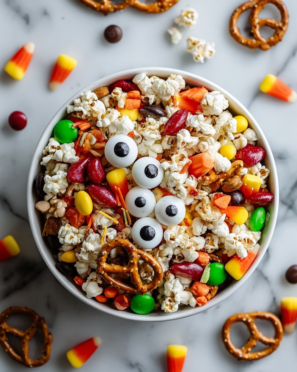A round bowl filled with a colorful mix of popcorn, twisted pretzels, candy corn, red and green small round candies, gummy worms, and candy eyeballs. The popcorn is white and fluffy, covering most of the bowl. Pretzels with salt flakes lay across the popcorn, adding a brown crunchy texture. Small round candies in red, green, yellow, and orange colors are scattered all over, brightening the mix. Candy corn pieces show their classic yellow, orange, and white layers here and there. Black and purple gummy worms are intertwined among the other treats, and white eyeball candies with black centers are placed on top, giving a fun and spooky look. The bowl rests on a white marbled surface with a few more pretzels and candy corn outside the bowl. Photo taken with an iphone --ar 4:5 --v 7
