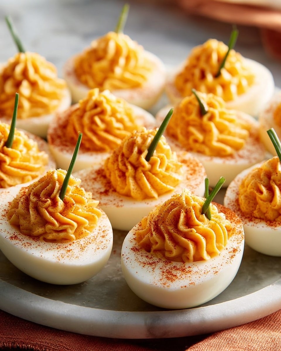 The image shows a white round plate full of deviled eggs arranged closely in rows, each egg half with a smooth white base layer of boiled egg white, topped with a bright orange, creamy piped filling that has a soft, swirled texture and is sprinkled lightly with reddish paprika powder. Each deviled egg has two small green chive pieces inserted on top, resembling pumpkin stems. The plate sits on a white marbled surface with a soft, warm orange cloth partially seen underneath. photo taken with an iphone --ar 4:5 --v 7