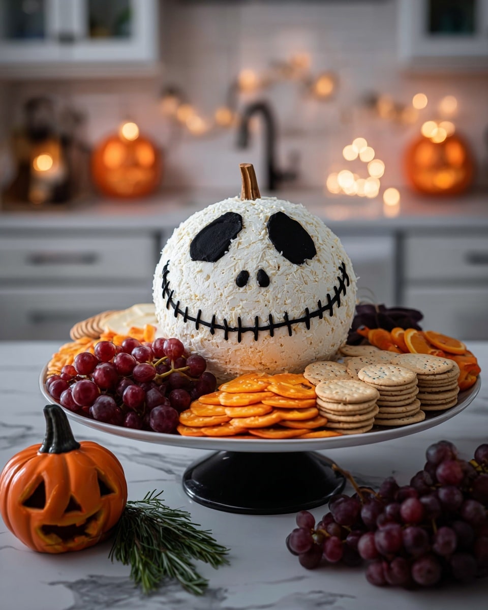 A dome-shaped white cheese ball is decorated to look like a spooky face with large black hollow eyes, two small black nostrils, and a wide stitched smile made of black lines. It sits in the middle of a round white plate on a black pedestal, surrounded by layers of orange round crackers to the right, beige round crackers next to them, deep red grapes in front, and slices of bright orange dried fruit or vegetable to the left with green sprigs. A small carved pumpkin decoration is on the white marbled surface in front of the plate. The kitchen background has soft warm candle lights and two more small pumpkin decorations on white cabinets. photo taken with an iphone --ar 4:5 --v 7