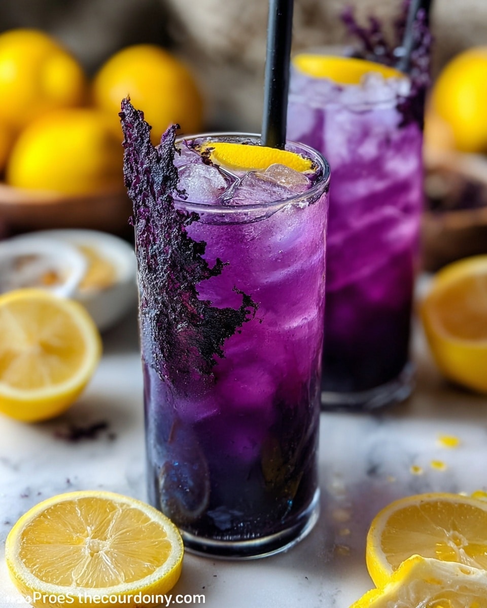 The image shows two tall, clear glasses filled with a bright purple drink with ice cubes inside. The rim of the front glass is decorated with a dark purple, leafy garnish that drapes down the side. Each glass has a black straw, and a thin slice of yellow lemon is placed on the rim. The drinks sit on a white marbled surface, with whole and sliced lemons scattered around, adding a fresh, vibrant contrast to the deep purple drink. The background is softly blurred to keep the focus on the colorful drinks. photo taken with an iphone --ar 4:5 --v 7