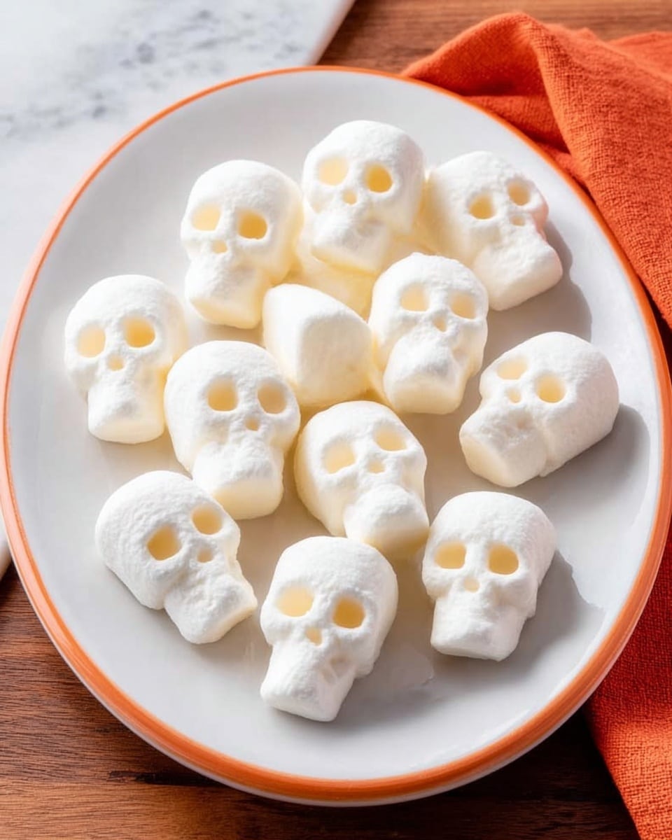 A white oval plate with a thin orange ring near the edge holds about fifteen white skull-shaped marshmallows, each with clear eye sockets and nose holes, arranged in a small pile. The marshmallows have a soft and slightly shiny texture. The plate is set on a wooden table with a white marbled texture, and part of an orange cloth is visible in the top right corner. photo taken with an iphone --ar 4:5 --v 7