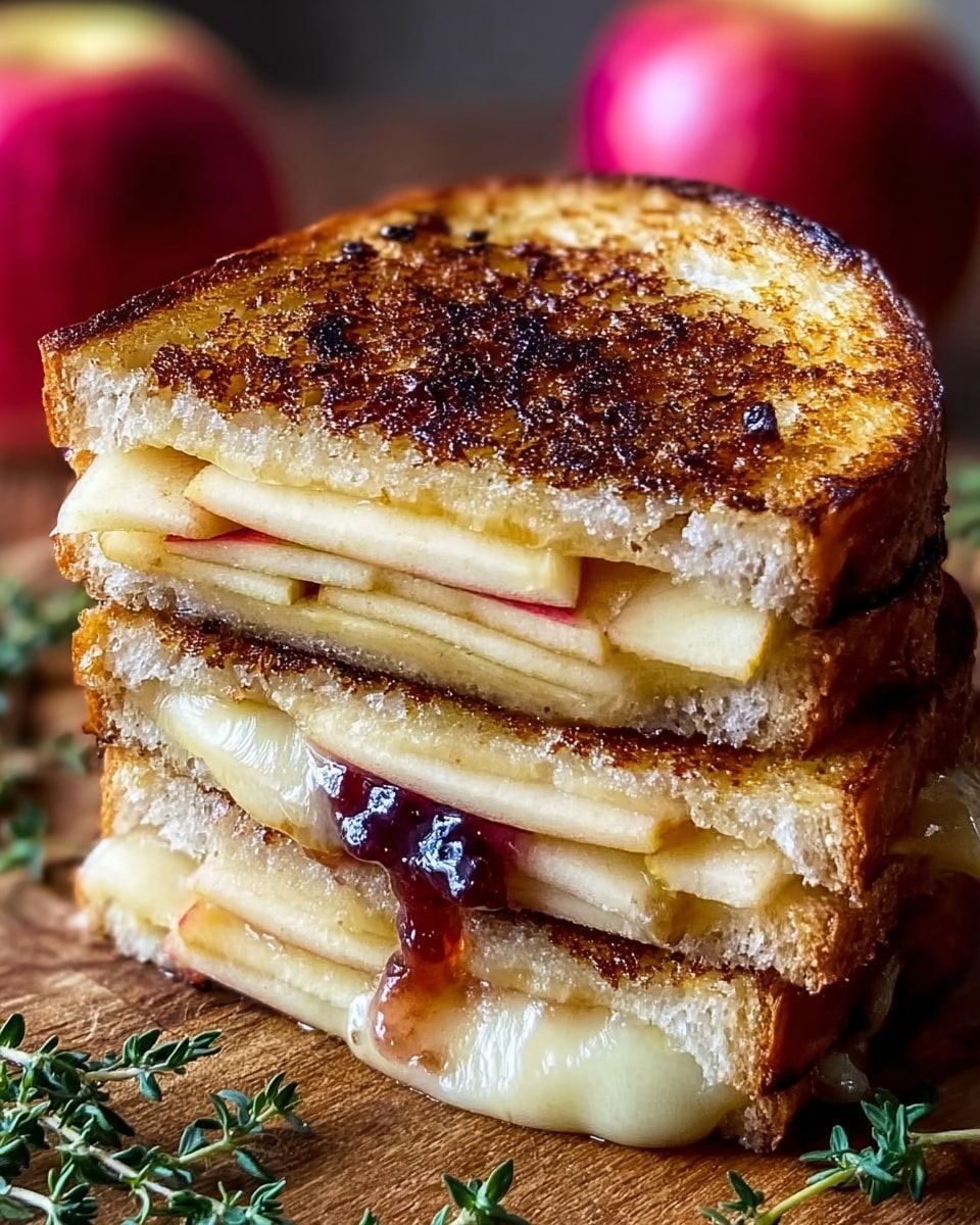 A close-up image of a toasted sandwich cut in half and stacked, showing three layers: the top and bottom slices of bread are golden brown and crispy with a slightly uneven charred surface; the first filling layer has melted pale yellow cheese with slices of light cream and red-skinned apple, slightly oozing out; the second filling layer includes the same melted cheese, apple slices, and a visible dark red jam or jelly spot, adding a glossy texture. The sandwich sits on a wooden board with small sprigs of green herbs around it, and the background is softly blurred with a hint of a red apple. Photo taken with an iphone --ar 4:5 --v 7