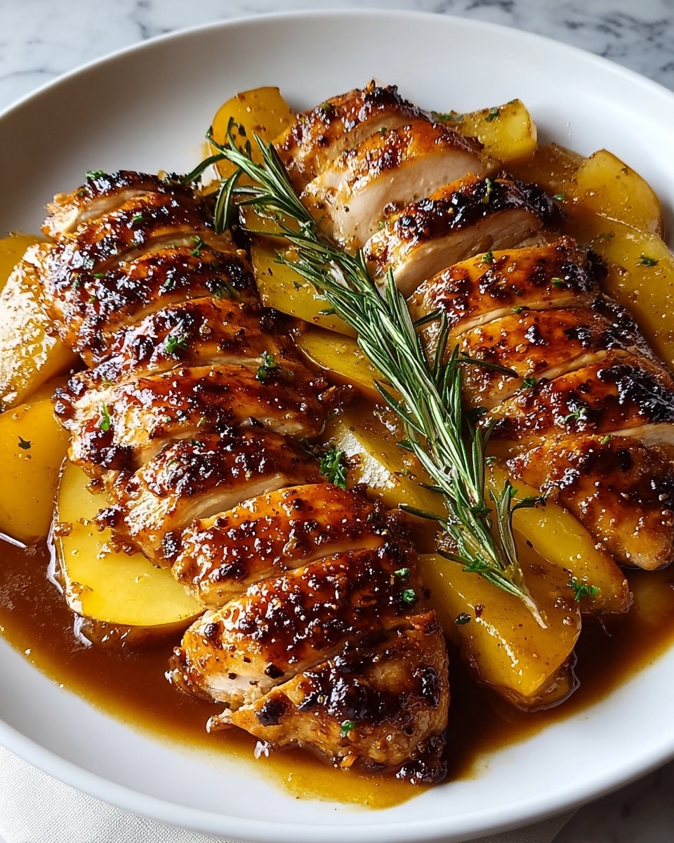 The dish shows several thick chicken pieces, some whole and some cut into slices, with a dark, glossy glaze and small green herb bits on the top layer. The chicken sits on a layer of golden brown, cooked potato wedges spread evenly on a white plate. Around and on top of the chicken and potatoes, there are sprigs of fresh green rosemary adding a pop of color. The shiny sauce coats both chicken and potatoes, giving a rich, sticky texture. The background is a white marbled surface. Photo taken with an iphone --ar 4:5 --v 7