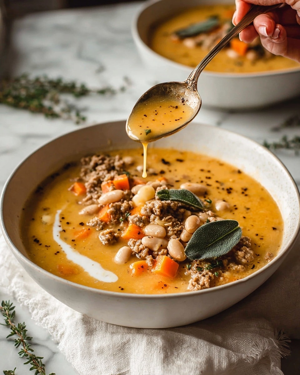 A white bowl filled with thick soup showing a smooth, slightly shiny orange-yellow base with small black specks, topped with a layer of irregularly shaped cooked ground meat, white beans, and small orange carrot cubes. On top of this, there are fresh green herb leaves and sprigs of thyme. A silver spoon held above the bowl by a woman's hand drips some of the orange soup, which has a thin white swirl of cream on its surface near the meat. The bowl sits on a white cloth with a white marbled surface underneath. Another bowl with the same soup is partly visible in the background. photo taken with an iphone --ar 4:5 --v 7