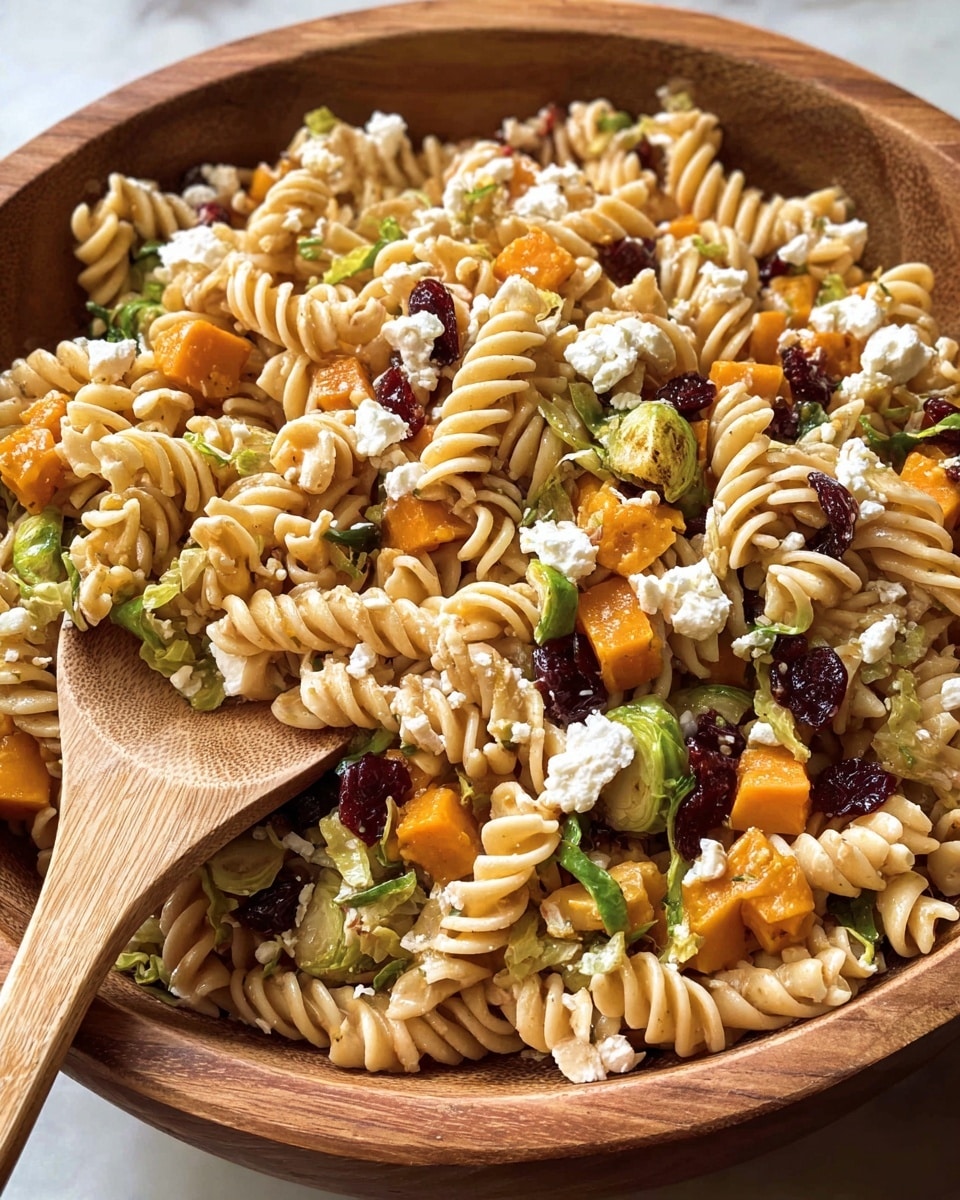 A close-up view of a wooden bowl filled with pasta salad made of light tan spiral pasta as the main layer, mixed with bright orange cubed sweet potatoes, small green Brussels sprout leaves, and deep red dried cranberries scattered throughout. On top, there are small clumps of soft white cheese, likely feta, adding a crumbly texture. A wooden spoon rests inside the bowl on the left side, slightly covered by the salad, all placed against a white marbled background. photo taken with an iphone --ar 4:5 --v 7