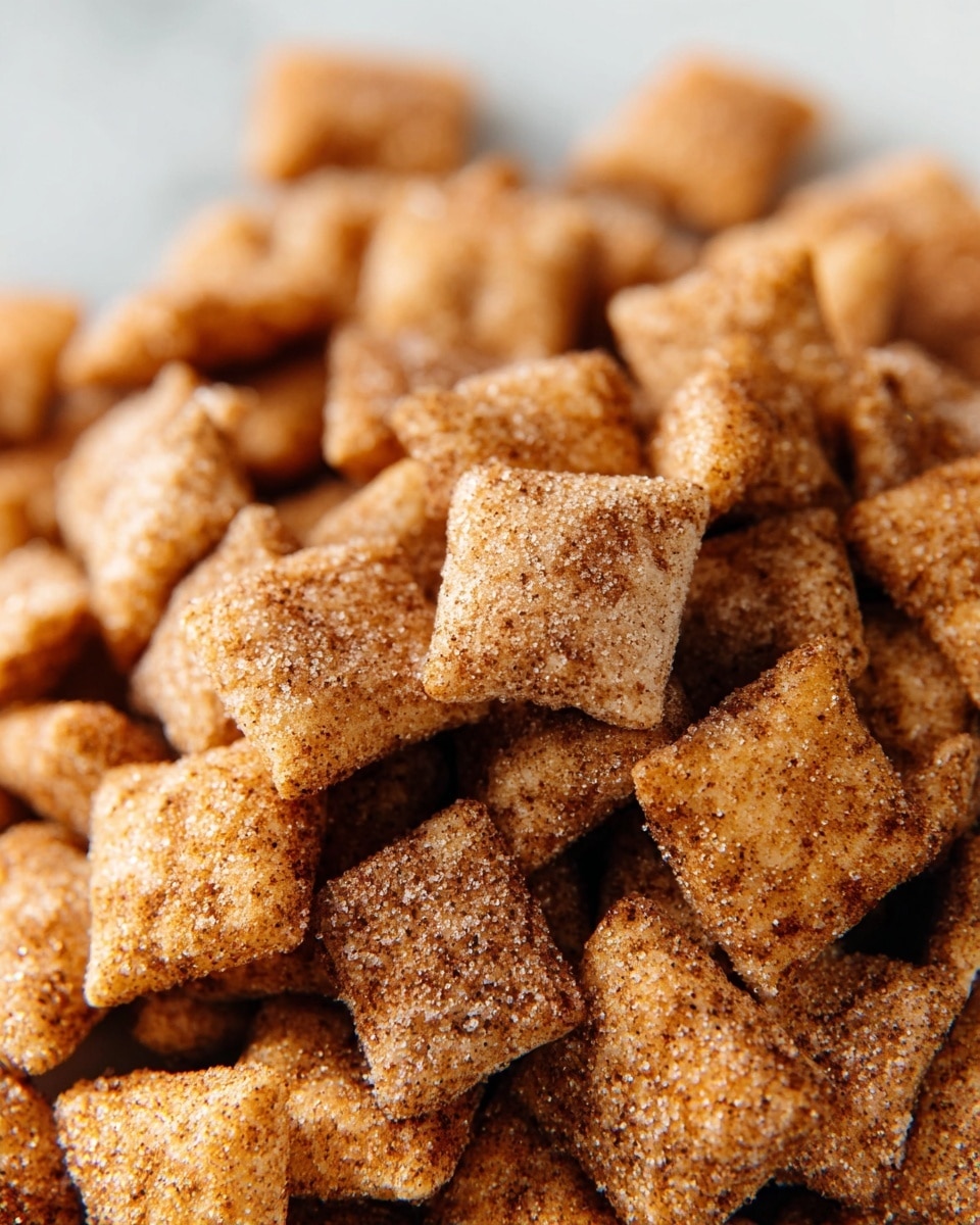 The image shows many small, square-shaped cereal pieces stacked close together, each coated with a layer of cinnamon sugar that gives them a grainy and slightly rough texture. The cereal pieces vary slightly in their golden brown color, showing specks of darker cinnamon seasoning all over the surface. The pieces have a soft, pillow-like appearance with uneven edges and a dusting of white sugary powder that sparkles under the light, creating a textured look. The background is a white marbled texture, emphasizing the warm tones of the cereal pieces. Photo taken with an iphone --ar 4:5 --v 7