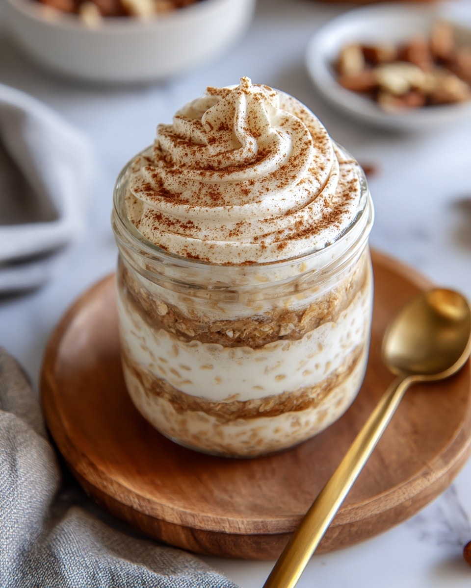 A small glass jar filled with a layered dessert showing creamy beige oats mixed with white yogurt or cream, creating alternating thick layers. The top layer is a generous swirl of white whipped cream sprinkled evenly with brown cinnamon powder. The jar sits on a round wooden tray with a golden spoon beside it, all placed on a white marbled surface. In the background, a blurred white bowl with nuts is visible along with a soft grey cloth. photo taken with an iphone --ar 4:5 --v 7