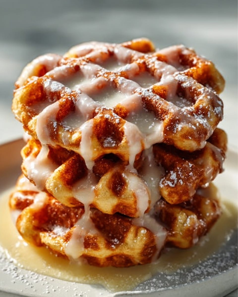 A white plate holds a stack of four small round waffles, each with a golden brown, slightly crispy texture and deep square indentations. The top three waffles have a light drizzle of creamy white glaze that drips down the sides, and they are sprinkled with powdered sugar that dusts the waffles and the plate. The background is a white marbled texture with soft natural light highlighting the warm, fresh look of the waffles. photo taken with an iphone --ar 4:5 --v 7