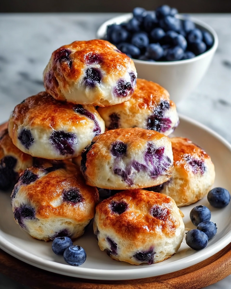 A white plate holds a stack of seven golden brown blueberry scones with a slightly shiny, crisp top layer. Each scone is round and dotted with deep purple blueberries that slightly burst, showing juicy interiors. The scones have a soft, light-colored dough base peeking from beneath the golden crust. A few loose fresh blueberries are scattered on the plate in front. In the background, a white bowl filled with plump blueberries sits on a white marbled surface. photo taken with an iphone --ar 4:5 --v 7