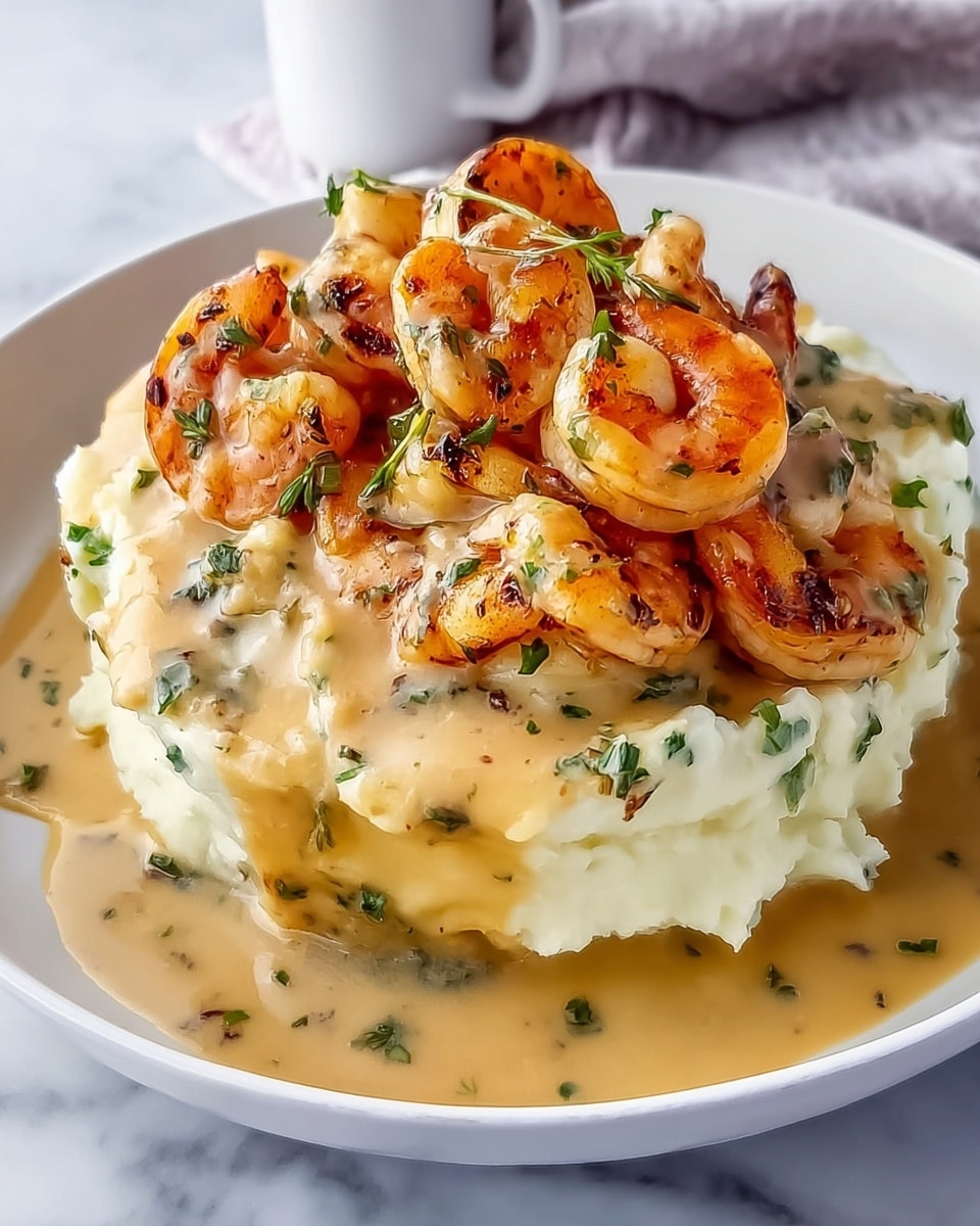 The dish has two main layers on a white plate over a white marbled surface. The bottom layer is a thick, fluffy mound of mashed potatoes, white and creamy in texture. On top of this, a cluster of orange-pink cooked shrimp with some green herb bits rest, showing slight grill marks. A light brown creamy sauce with visible green herbs is poured over the shrimp and mashed potatoes, dripping down the sides and pooling on the plate. Photo taken with an iphone --ar 4:5 --v 7
