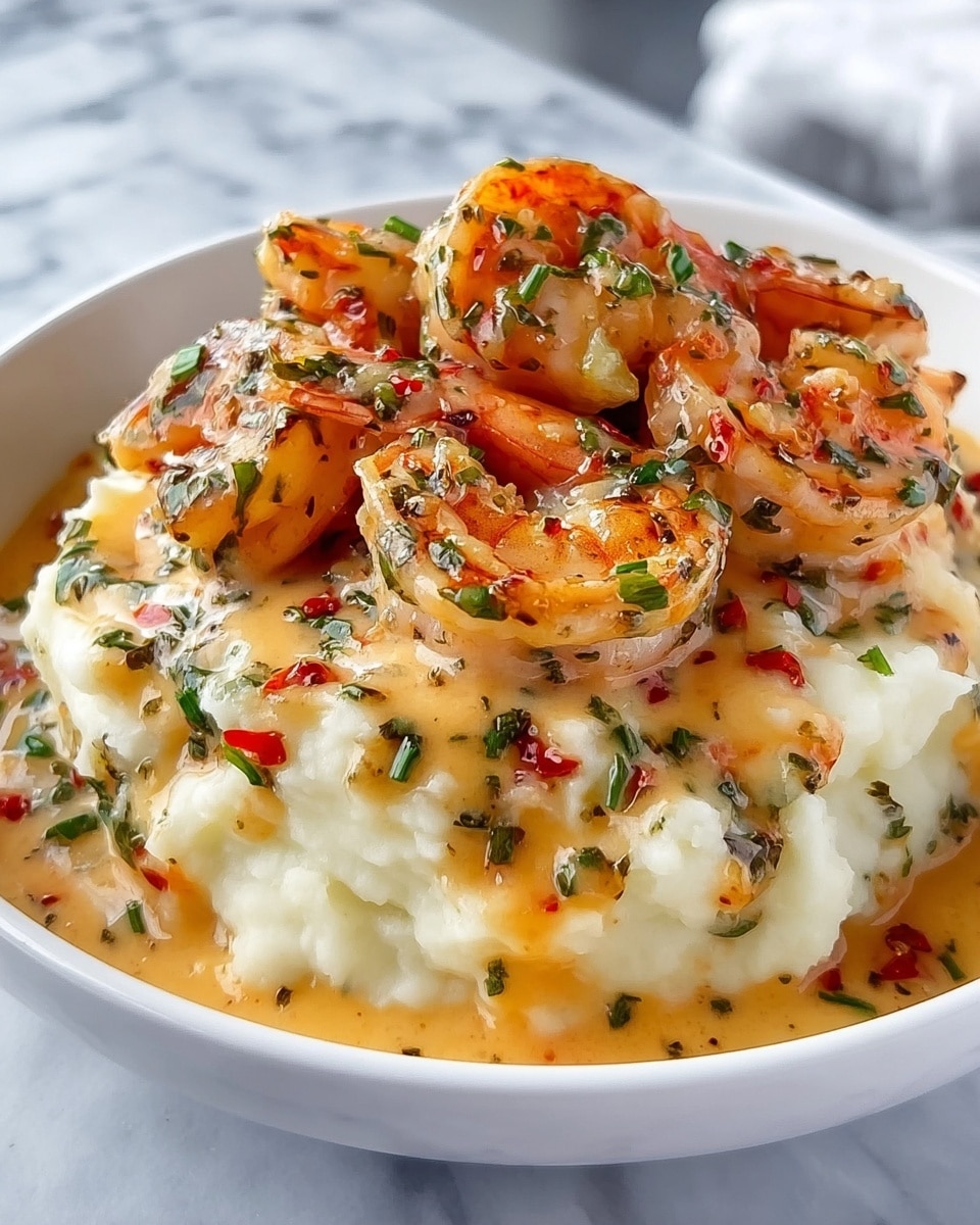 A white bowl holds a dish with two main layers. The bottom layer is a thick, fluffy bed of white mashed potatoes with a soft, creamy texture. On top of the mashed potatoes sits a generous layer of orange creamy sauce mixed with green herbs and small red chili flakes, giving it a textured, speckled look. Sitting above the sauce are large, plump shrimp that are pink-orange with some char marks, covered in the same creamy herb sauce that drips slightly onto the mashed potatoes. The bowl is placed on a white marbled surface, adding a clean and bright background. photo taken with an iphone --ar 4:5 --v 7