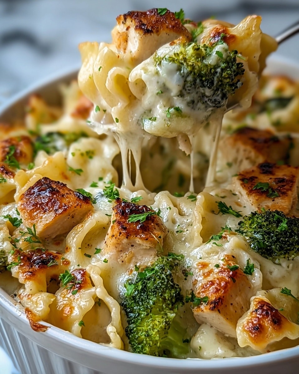 The image shows a close-up of a baked pasta dish in a white ceramic bowl, with layers of creamy white cheese sauce coating ruffled pasta shells, tender pieces of golden-brown grilled chicken on top, and bright green broccoli florets mixed throughout. The cheese looks stringy and melted, stretching as a piece is being lifted, and small bits of chopped parsley are scattered on top, adding a touch of color. The dish has a rich, creamy texture with browned spots on the chicken indicating it was cooked to a crispy finish. The background is a white marbled texture. Photo taken with an iphone --ar 4:5 --v 7