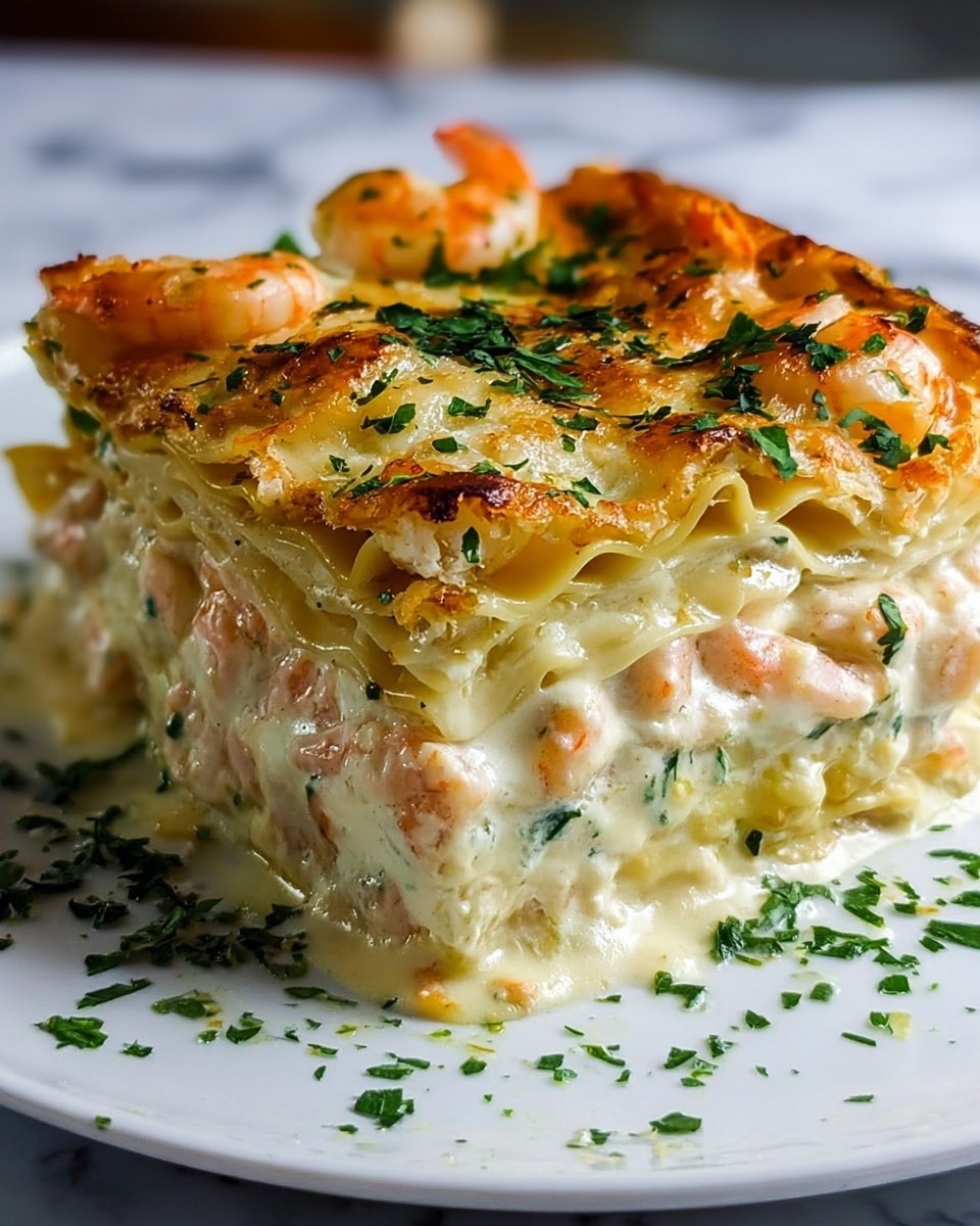 A close-up of a thick piece of lasagna on a white plate with green herb garnish scattered around it, placed on a white marbled surface. The lasagna has multiple visible layers: the bottom layer is creamy white sauce with small shrimp pieces, followed by a light yellow pasta sheet, then another layer of creamy white sauce mixed with shrimp, topped by a golden-brown baked cheese layer with small shrimp and sprinkled chopped green herbs. The cheese on top has a slightly bubbly, browned texture. Photo taken with an iphone --ar 4:5 --v 7
