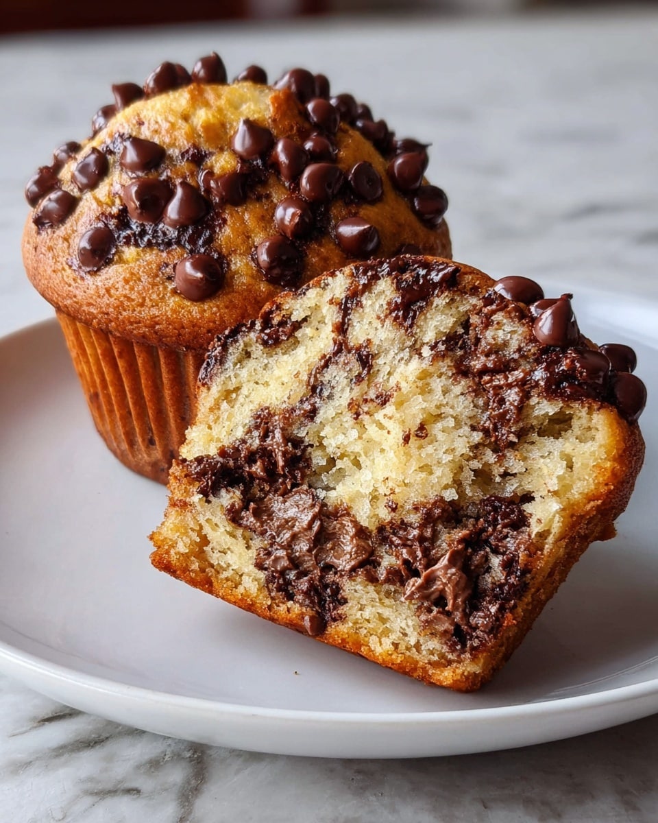 A single chocolate chip muffin with a bite taken out, showing a soft, light beige crumb inside with melted chocolate chips scattered throughout. The muffin top is golden brown with many shiny, dark brown chocolate chips embedded on it. The muffin sits on a smooth white plate, placed on a white marbled surface. The texture of the muffin looks moist and fluffy, with a slightly crispy outside edge around the bitten area. photo taken with an iphone --ar 4:5 --v 7
