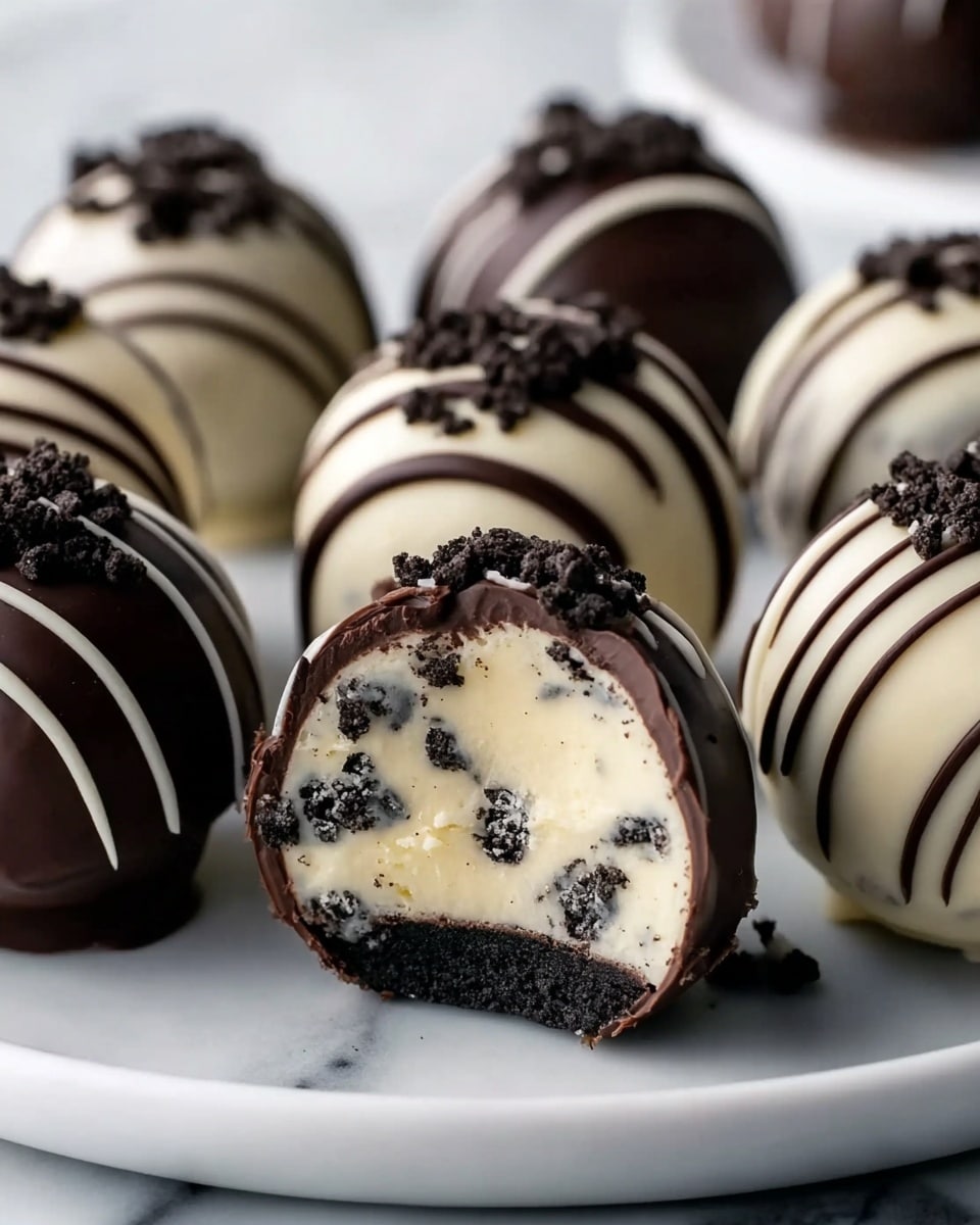 The image shows several round dessert balls arranged on a white marbled surface. Each ball consists of a crunchy dark chocolate cookie base as the bottom layer, followed by a thick creamy white cheesecake filling with small dark cookie pieces mixed inside. The balls are coated in a smooth outer shell; some are covered in milk chocolate, and one in the center is bitten to reveal the creamy interior. Others are coated in white chocolate with dark chocolate drizzles on top, and all have small dark cookie crumbles sprinkled on the top surface. The overall look is glossy and rich with a contrast between the dark chocolate, white cream, and cookie crumbs. Photo taken with an iphone --ar 4:5 --v 7