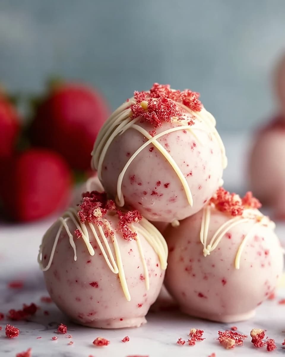 A close-up view of four smooth, round strawberry cake balls stacked in a pyramid shape on a white marbled surface; each cake ball is coated in a pale pink creamy layer with small red specks. The top cake ball is decorated with thin, curly white chocolate ribbons and small clusters of crushed red strawberry bits, which are also sprinkled lightly on the other cake balls. In the blurred background, there are fresh whole strawberries adding a bright red contrast to the soft colors of the cake balls. Photo taken with an iphone --ar 4:5 --v 7