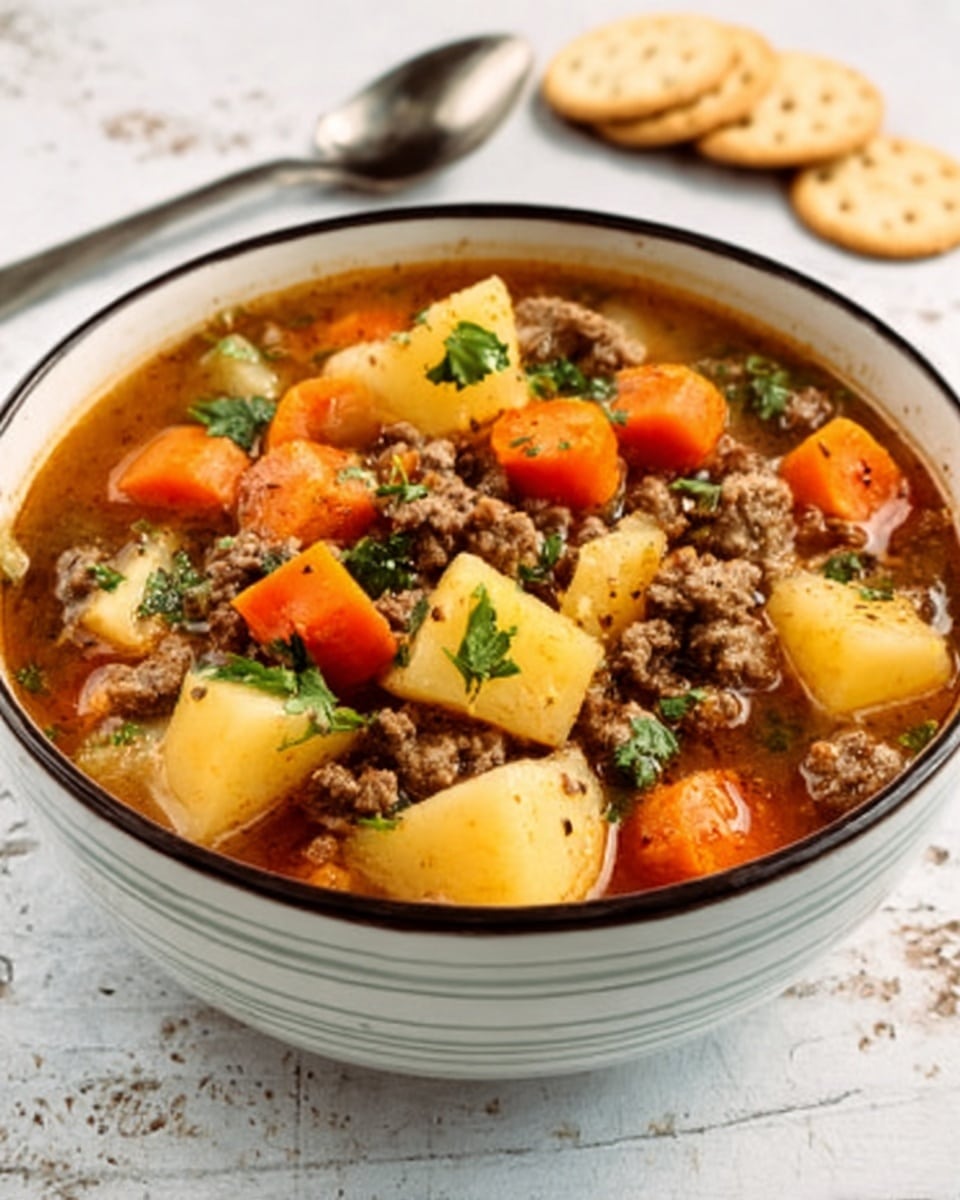 The image shows a bowl filled with a hearty stew that has three main layers visible. The bottom layer is a rich, brown broth with a slightly oily surface. The middle layer contains chunks of orange carrots and large cubes of yellow potatoes, which look soft and tender. The top layer has small pieces of cooked ground meat mixed with fresh green parsley leaves sprinkled on top for color. The bowl is white with light stripes around the rim, sitting on a white marbled surface. A spoon lies next to the bowl and some round crackers are placed nearby. Photo taken with an iphone --ar 4:5 --v 7