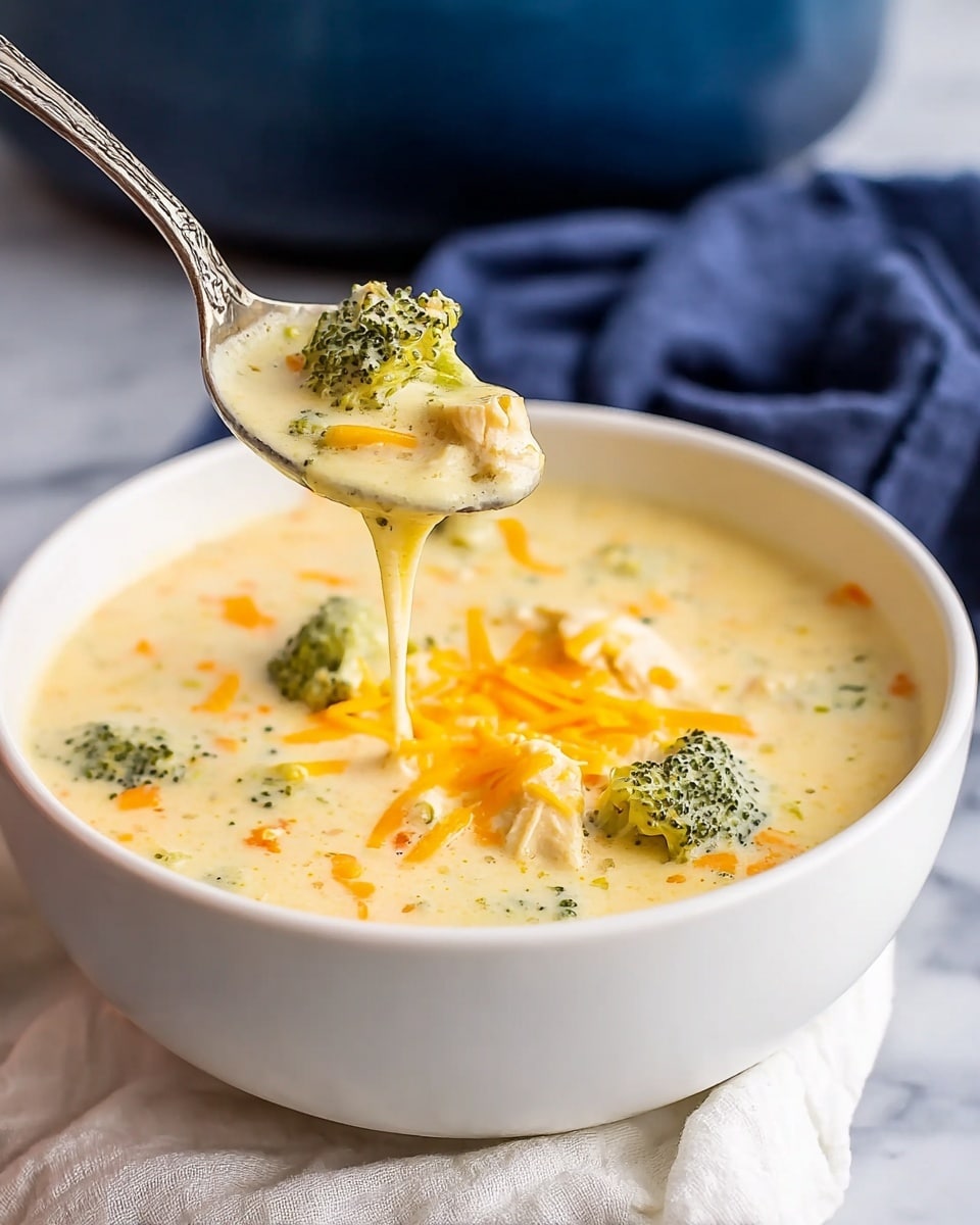 A white bowl filled with creamy broccoli cheddar soup that has a smooth, pale yellow base with small bits of orange shredded cheddar cheese scattered on top; visible chunky broccoli florets and tender pieces of chicken are mixed into the soup; a spoon is lifting a spoonful showing the thick, cheesy texture with broccoli and chicken pieces dripping slightly back into the bowl; the bowl rests on a white marbled surface with a soft white cloth underneath and a blurred dark blue cloth and pot in the background; photo taken with an iphone --ar 4:5 --v 7