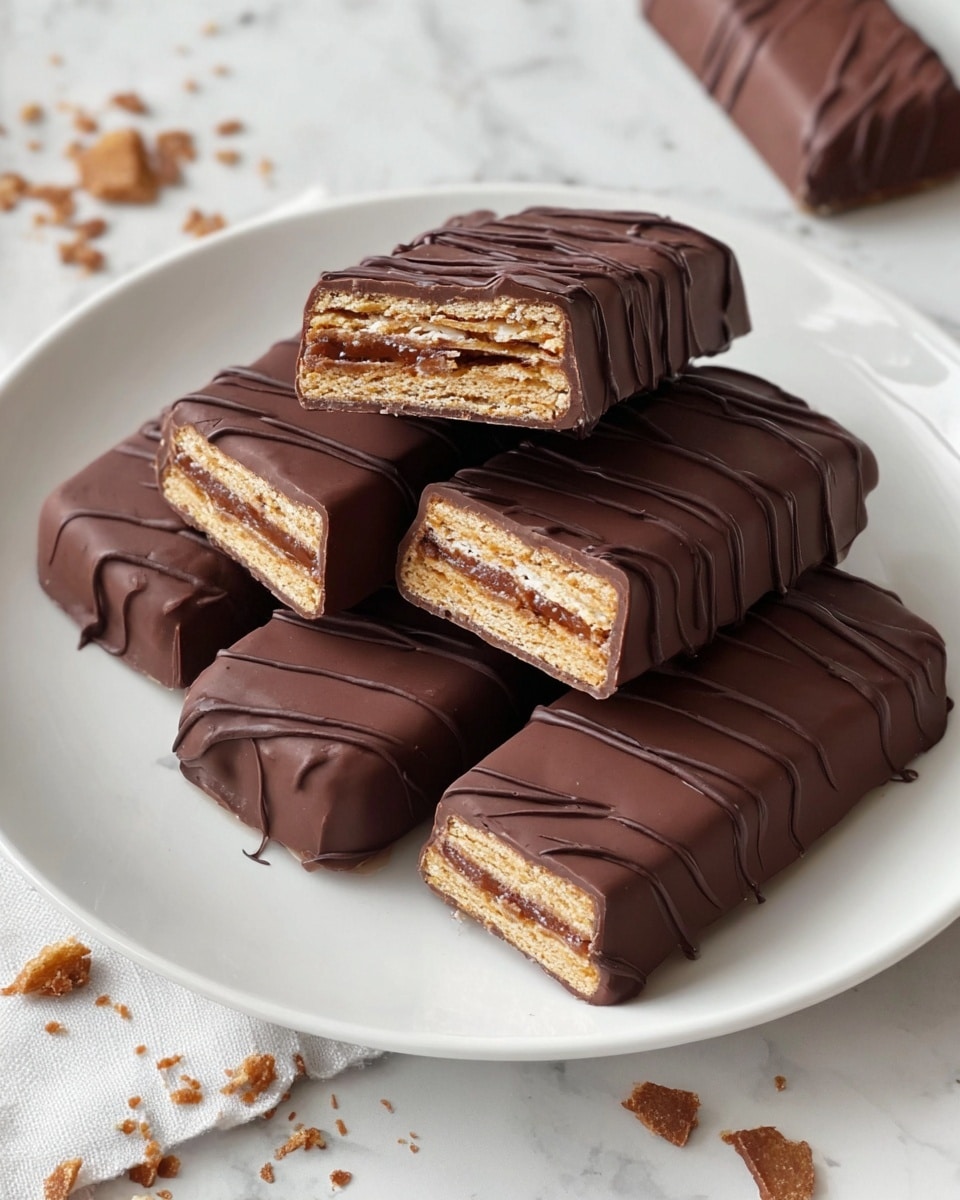 A white plate holds several rectangular chocolate-covered wafer bars stacked unevenly. The bars have a smooth, dark brown chocolate coating with thin, darker chocolate drizzle lines on top. One bar is broken in half and placed on top of the stack, showing three visible layers of light brown wafer separated by two thin layers of creamy filling, all covered by the external chocolate layer. The plate is set on a white marbled textured surface with crumbs scattered around the edges. Photo taken with an iphone --ar 4:5 --v 7