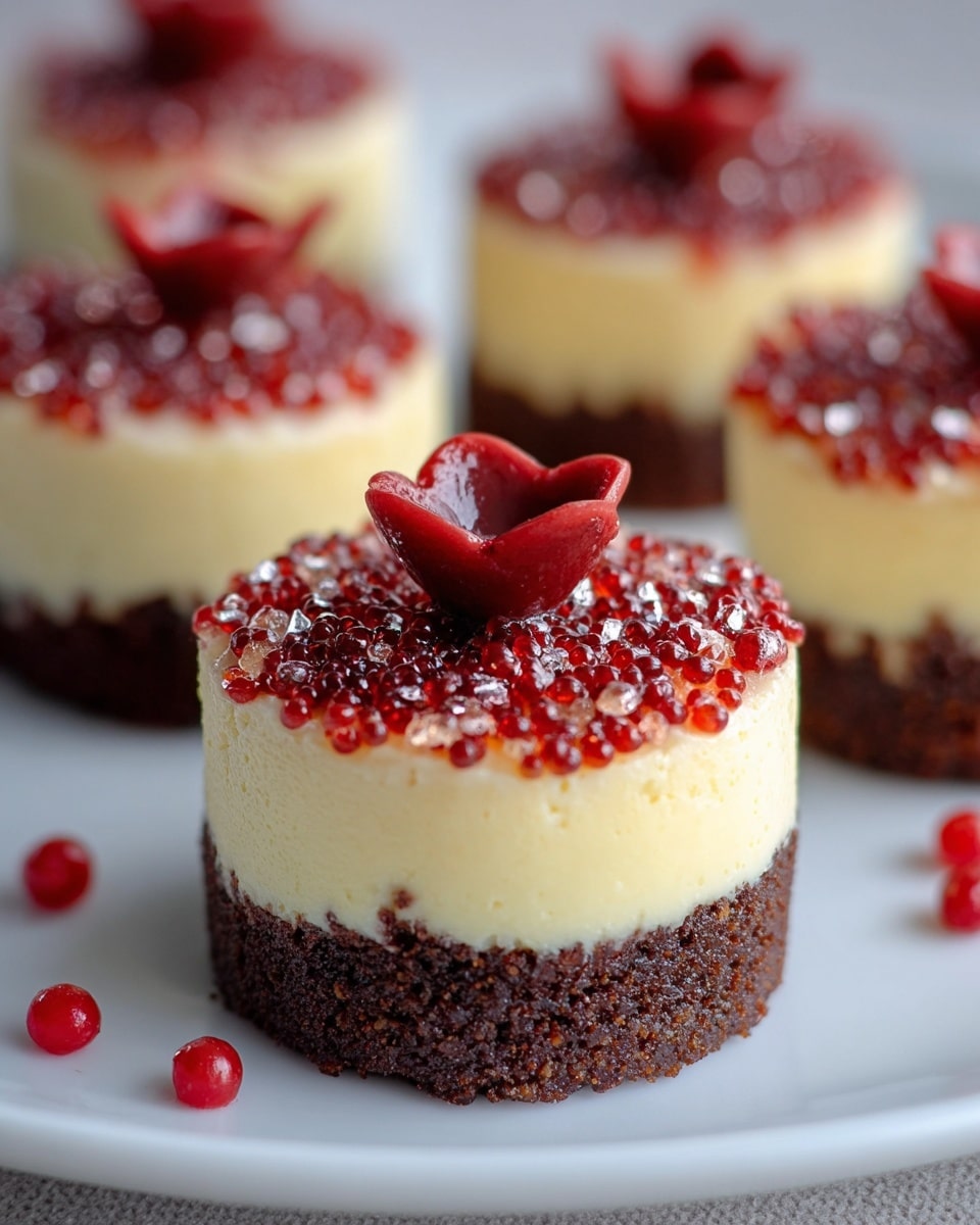This image shows small round cakes on a white plate with a white marbled texture background. Each cake has two layers: a dark brown, crumbly bottom cake layer and a smooth, creamy pale yellow top layer. The creamy layer is sprinkled with tiny shiny red beads that look like small fruits or candy. On top of each cake, near the center, there is a decorative red flower made of a smooth edible material. Some red beads are also scattered around the cakes on the plate. Photo taken with an iphone --ar 4:5 --v 7