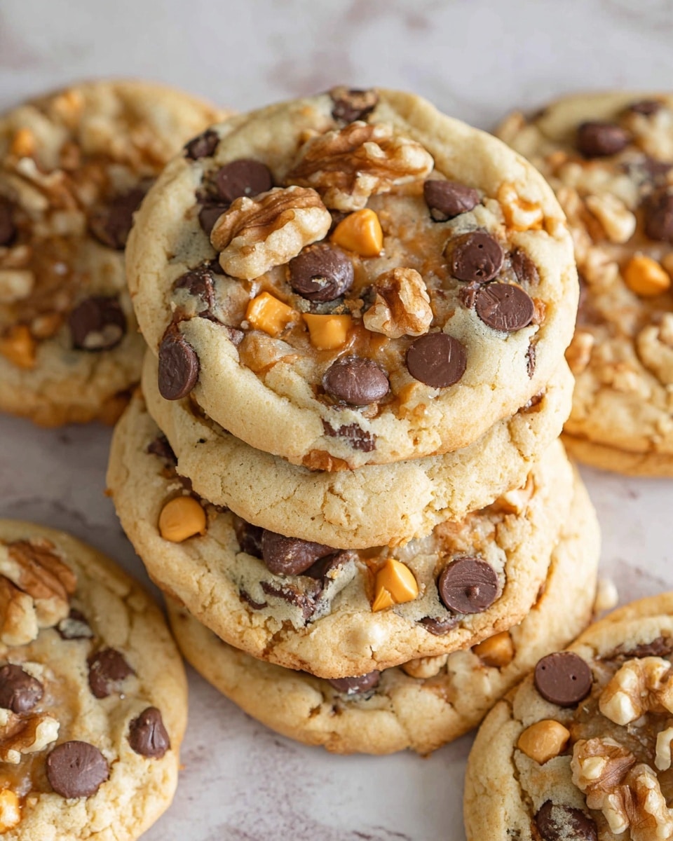 A close-up view of five soft cookies stacked slightly on top of each other on a white marbled surface. Each cookie is light golden brown with a slightly cracked texture and is topped with dark brown chocolate chips, light orange butterscotch chips, and large walnut pieces with a rough brown shell and creamy inside, spread evenly across the surface. The edges of the cookies are rounded and slightly darker, adding a baked look. Photo taken with an iphone --ar 4:5 --v 7