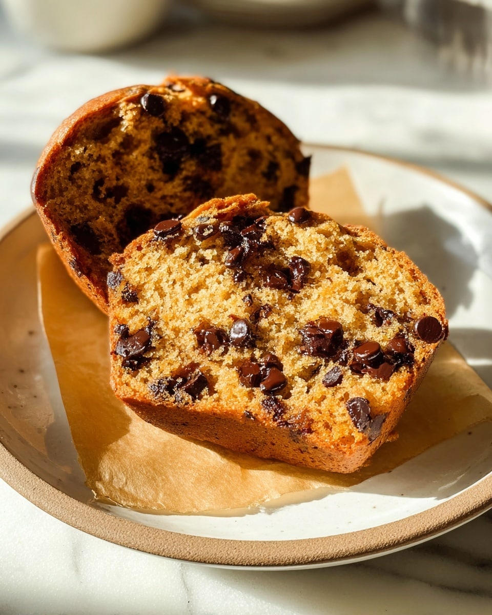 A close-up image of a golden-brown chocolate chip muffin cut in half, showing its soft and moist inside with melted dark chocolate chips scattered throughout both halves, resting on light brown baking paper in a round white plate with a natural beige rim, all placed on a white marbled surface with warm sunlight creating soft shadows and highlights. Photo taken with an iphone --ar 4:5 --v 7