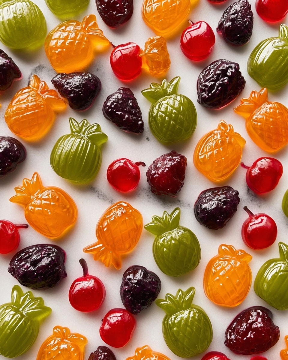 A white speckled bowl filled with colorful, shiny gummy candies shaped like various fruits, including orange pineapples, green apples, red cherries, and purple blackberries, all mixed together. The bowl is placed on a white marbled surface with scattered pieces of real fruit like strawberries, blueberries, grapes, and some green leaves around it, adding a fresh and vibrant touch. The gummies have a smooth and glossy texture that catches the light, making them look juicy and inviting. Photo taken with an iphone --ar 4:5 --v 7
