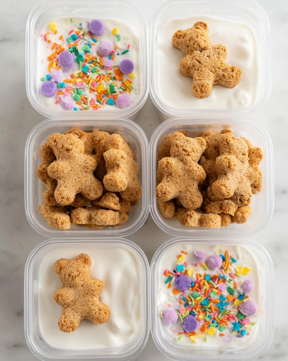 A white bowl filled with creamy white dip covered with colorful sprinkles sits in the middle of a white plate. The plate is lined with small, light brown teddy bear-shaped crackers that have a slightly rough texture. In the background, there is a blurry white plate with more teddy bear crackers and a glass jar with milk, all placed on a white marbled surface. The focus is on the dip bowl and the crackers around it, showing a close-up view with soft lighting. photo taken with an iphone --ar 4:5 --v 7