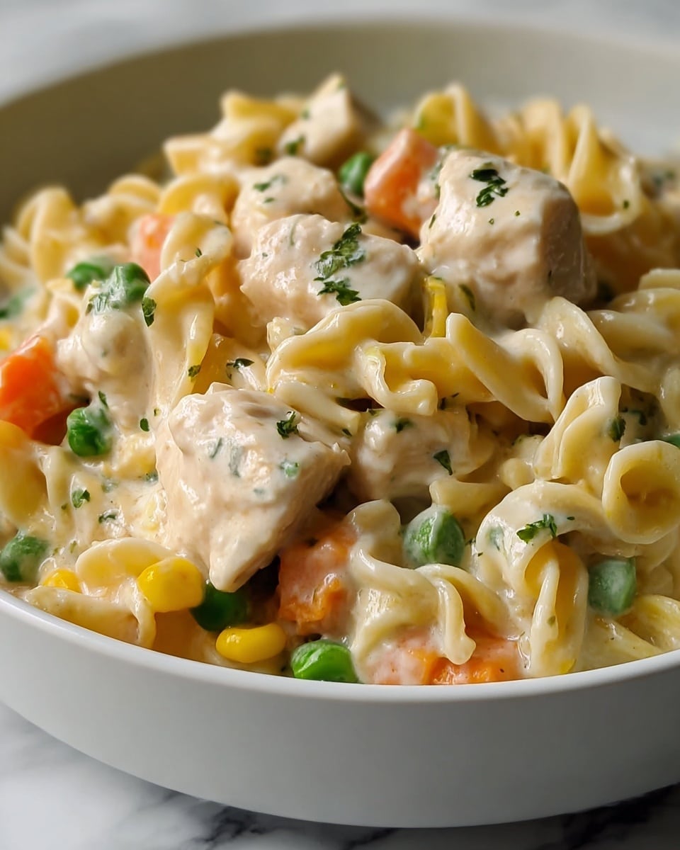 A close-up view of a creamy chicken noodle dish served in a white bowl resting on a white marbled surface. The dish shows multiple layers, starting with thick, creamy white sauce covering tender chicken pieces with a slightly glossy texture and small flecks of green herbs. Mixed throughout are soft noodles, pale yellow in color, curling and twisting gently around chunks of orange carrot, bright green peas, and small yellow corn kernels. The ingredients are well coated in the sauce, giving the whole dish a rich and smooth look. photo taken with an iphone --ar 4:5 --v 7