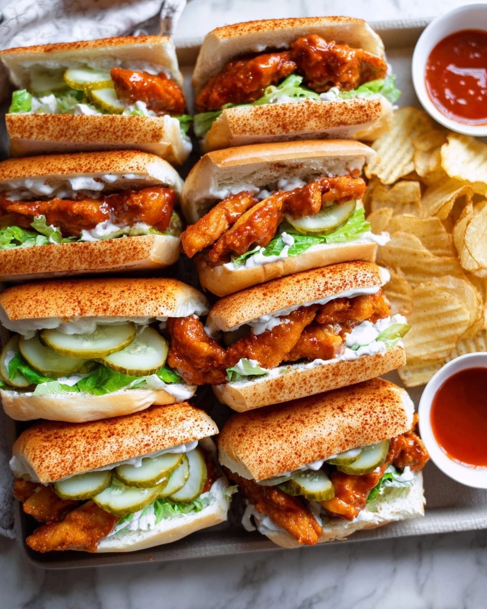 The image shows a tray full of sandwiches stacked closely together, each with one visible layer of white toasted bun dusted with a reddish spice on top. Inside each sandwich are layers of vibrant reddish-orange sauce-coated fried chicken pieces, fresh green lettuce, sliced green pickles, and a generous spread of white creamy sauce. On the right side of the tray, there is a pile of golden brown potato chips and a small white cup filled with bright red dipping sauce. The whole scene rests on a white marbled surface. Photo taken with an iphone --ar 4:5 --v 7