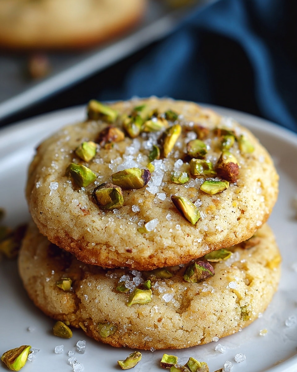 Two soft, golden-brown cookies stacked on a white plate, each cookie topped with uneven pieces of green pistachios and coarse white sea salt crystals that glisten in the light. The cookies have a slightly cracked and chewy texture with a warm, inviting color. The background features a blue cloth and blurred elements, all set on a white marbled surface. photo taken with an iphone --ar 4:5 --v 7