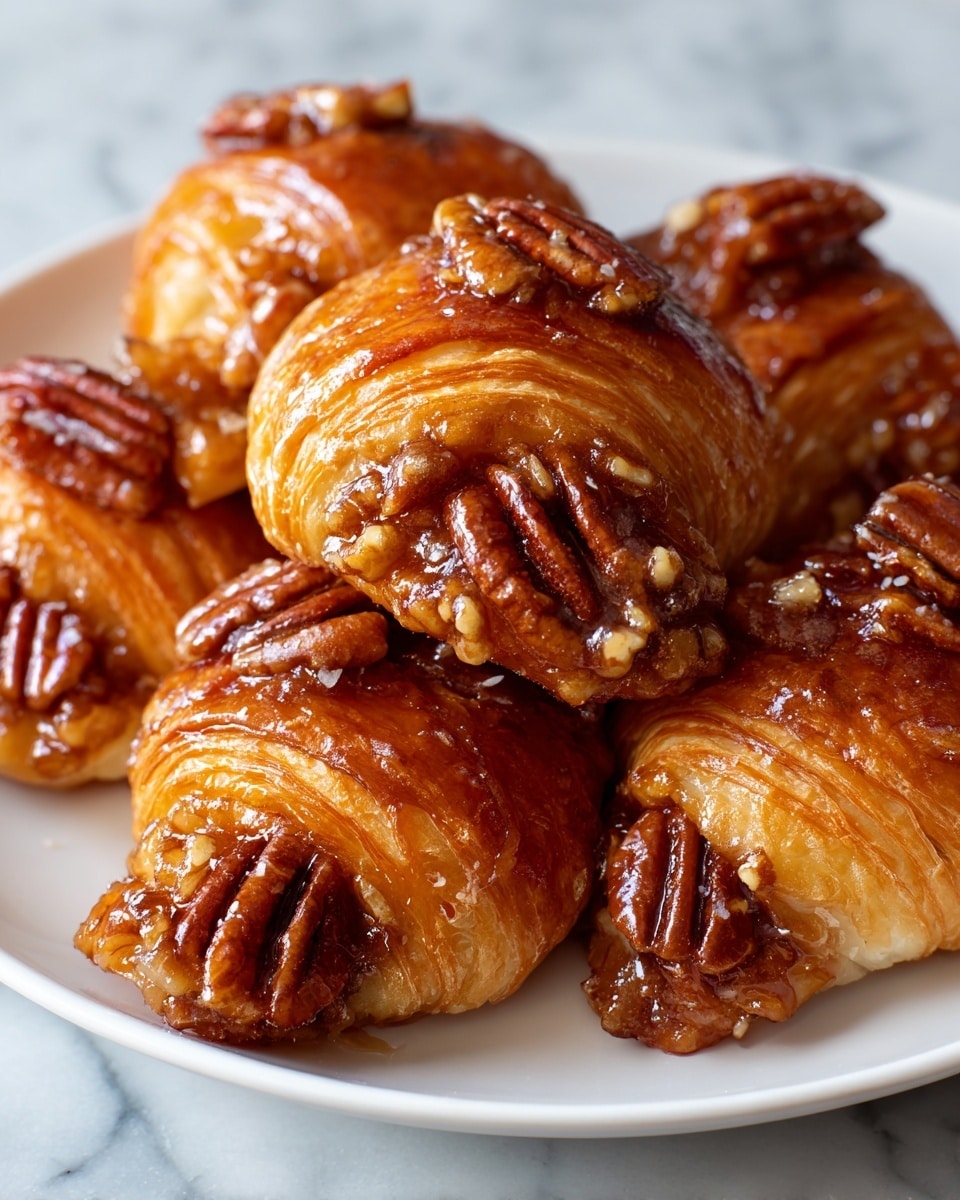 The image shows close-up golden-brown croissant rolls filled with a sticky, glossy pecan and walnut mixture. Each croissant has several flaky, layered parts with a shiny caramel glaze on top that reflects light. The nut filling is rich brown with visible whole pecans and finely chopped walnuts, creating a textured and uneven look at the center and edges of the rolls. These croissants rest on a simple white plate against a white marbled surface. One croissant is held up by a woman's hand, showing the crisp, flaky layers clearly. Photo taken with an iphone --ar 4:5 --v 7