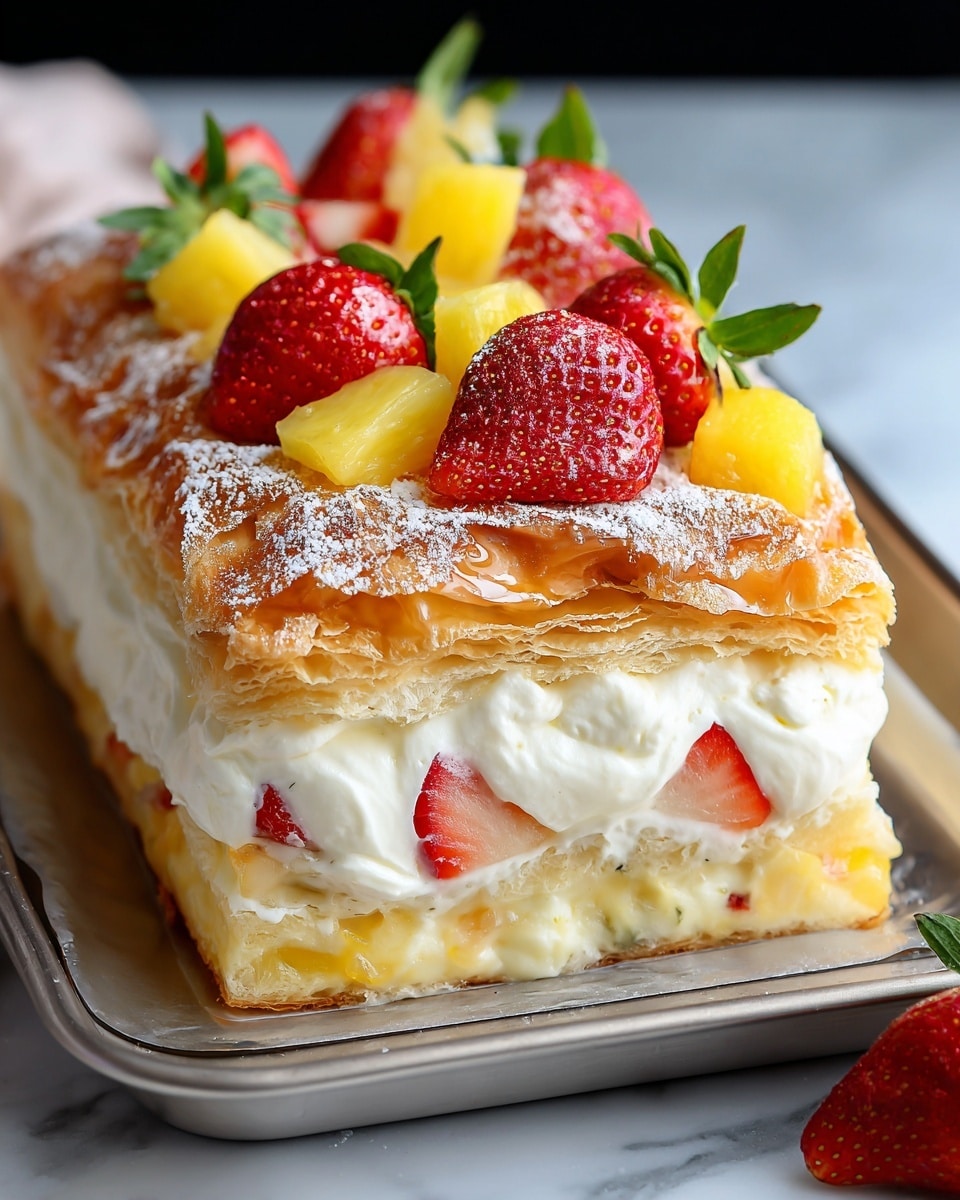 The image shows a rectangular layered dessert on a silver tray placed on a white marbled texture. The dessert has three main layers: the bottom layer is a soft, light golden cake with bits of fruit visible inside; the middle layer is a thick, creamy white filling that looks smooth and rich; the top layer is a golden-brown puff pastry with a shiny, flaky texture and light dusting of powdered sugar. Fresh strawberries with green leaves and yellow pineapple pieces are placed on top in a neat arrangement. The dessert looks fresh and appealing, with bright colors that contrast nicely. Photo taken with an iphone --ar 4:5 --v 7