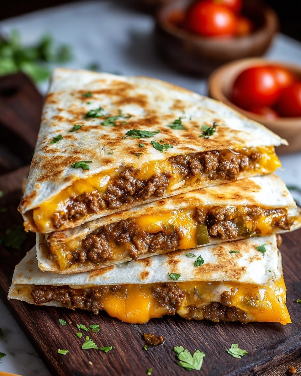 A stack of three triangular quesadilla slices is shown on a dark wooden board. Each slice has a golden-brown toasted flour tortilla on the top and bottom, with a slightly charred texture. Between the tortillas, there are two thick layers of cooked ground beef mixed with small bits of green jalapeños and melted cheese in bright yellow and light orange colors, oozing slightly at the edges. Small green cilantro leaves are sprinkled on top and around the quesadilla slices. In the background, blurry red cherry tomatoes and white small bowls with sliced lemons and coarse salt sit on a white marbled surface. photo taken with an iphone --ar 4:5 --v 7