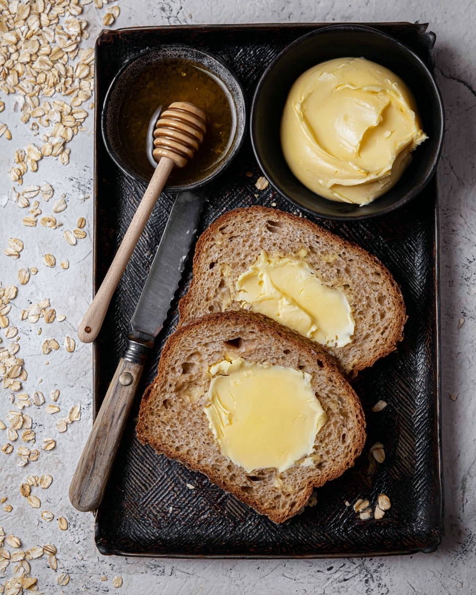 Two thick slices of brown bread with a soft, light yellow spread of butter on top are placed side by side on a dark textured tray. Above the bread, there is a small black bowl filled with creamy, pale yellow butter and next to it, a small dark pan containing golden honey with a wooden honey dipper resting inside. A vintage-style knife lies diagonally on the tray between the bread and the bowls, with some scattered oat flakes around. The setting is on a white marbled texture surface. Photo taken with an iphone --ar 4:5 --v 7