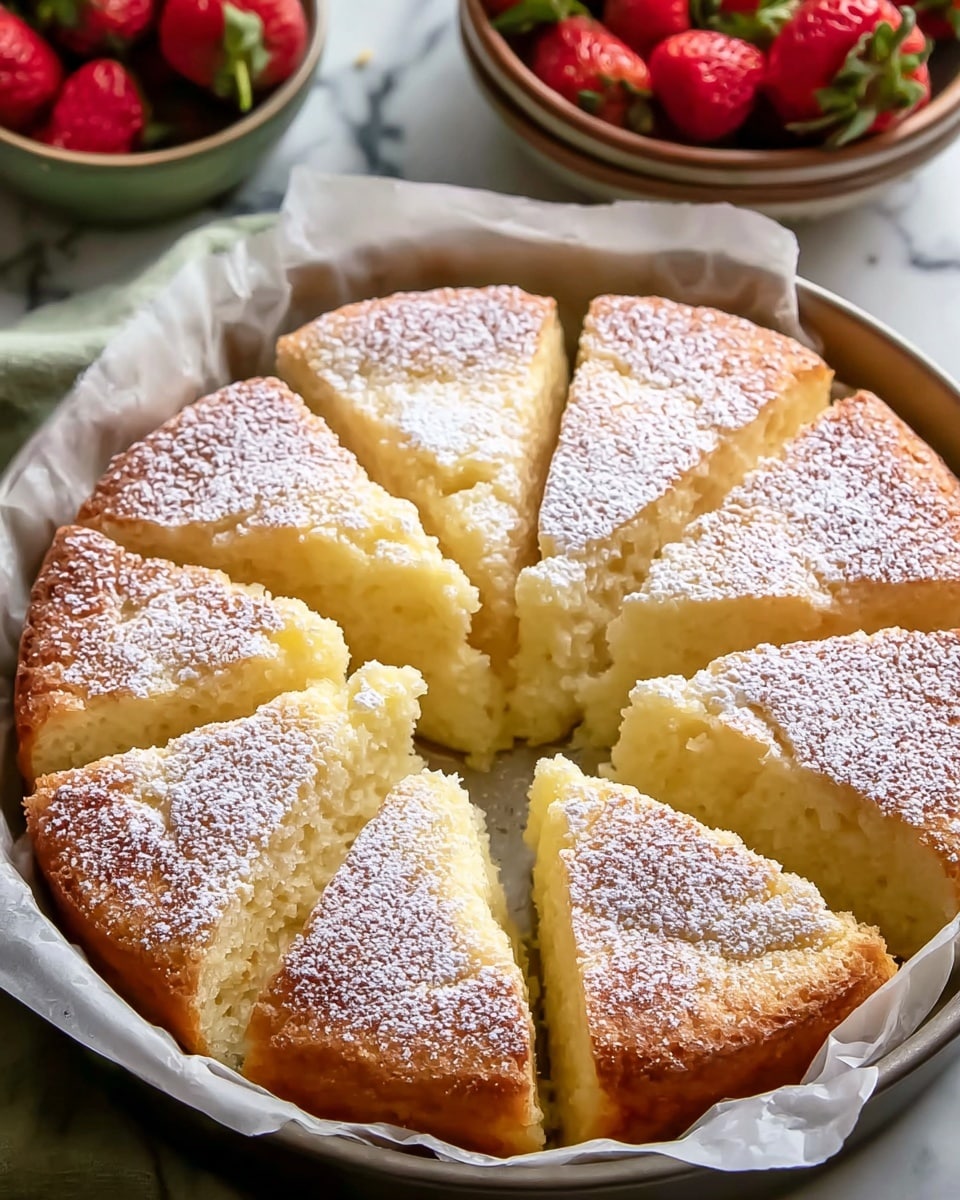 The image shows a round cake cut into twelve triangular slices, each slice topped with a light dusting of powdered sugar. The cake has a golden-brown crust with a soft, fluffy, pale yellow interior. It is placed in a round pan lined with white parchment paper, and the background features a bowl of red strawberries on a white marbled surface. The cake looks moist with a slightly cracked top, giving it a homemade feel. photo taken with an iphone --ar 4:5 --v 7