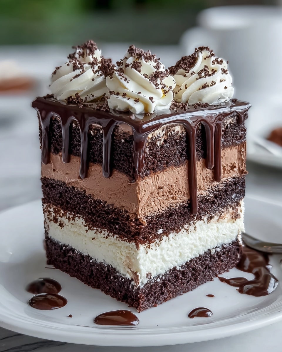 A rich layered cake slice sits on a white plate with a white marbled background. The cake has six layers: starting from the bottom, a dark chocolate sponge, a smooth milk chocolate cream layer, a white cream layer above it, then another dark chocolate sponge layer, followed by a light brown mousse layer, and topped with a final dark chocolate sponge layer. The whole slice is covered in glossy dark chocolate ganache that drips down the sides. On top, there are three swirls of white whipped cream topped with chocolate sprinkles, and a small fresh green mint leaf as garnish. Next to the slice on the plate are two small lines of dark chocolate sauce. Photo taken with an iphone --ar 4:5 --v 7