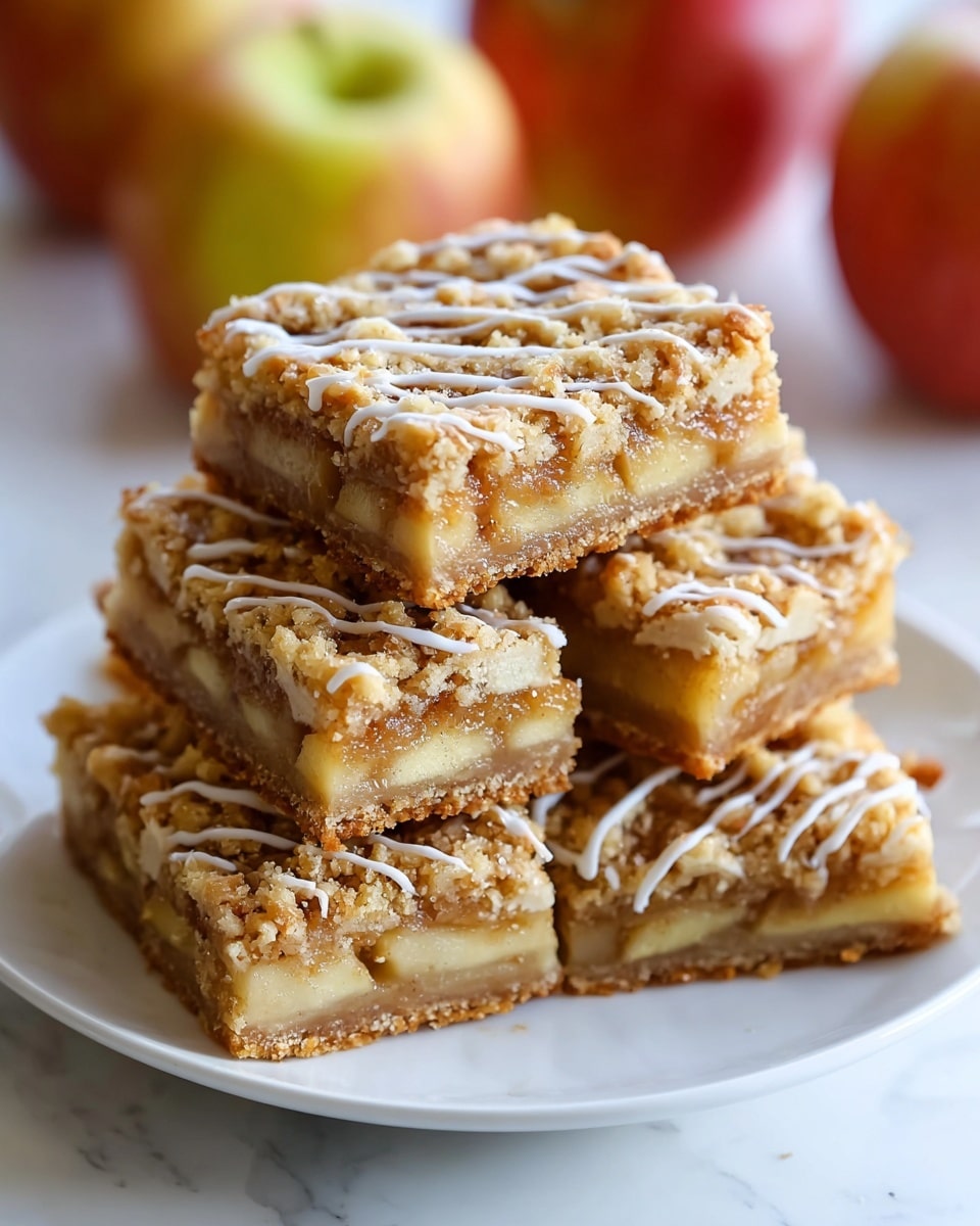 A stack of six square apple crumble bars sits on a white plate, each bar showing three visible layers: a crumbly golden-brown base, a thick middle layer of soft, pale yellow apple slices covered in a cinnamon-spiced syrup, and a top layer of crunchy, golden crumb topping. White icing drizzled in thin lines crosses the bars diagonally, adding a glossy contrast to the matte crumble texture. The plate is placed on a white marbled surface, with blurred apples in the background adding warmth to the soft natural light. photo taken with an iphone --ar 4:5 --v 7
