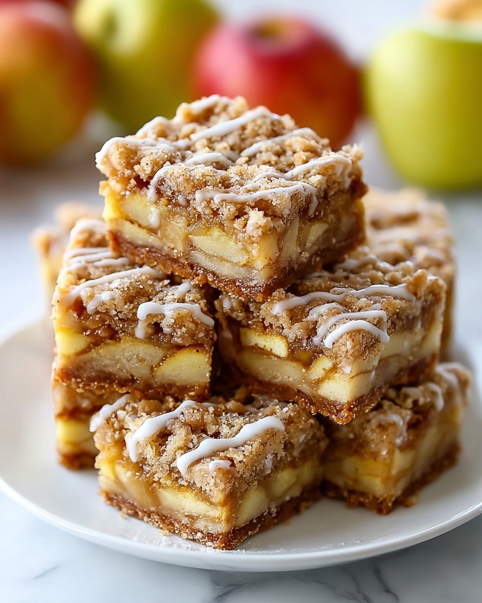 The image shows a white plate stacked with five square apple crumble bars. Each bar has three visible layers: a crumbly golden brown crust at the bottom, a thick middle layer of soft, light yellow apple slices mixed with cinnamon and sugar, and a crumbly golden brown topping sprinkled with coarse sugar. A white icing glaze is drizzled in thin lines across the top of each bar, adding a glossy contrast. In the soft-focus background, there are blurred apples on a white marbled surface. photo taken with an iphone --ar 4:5 --v 7