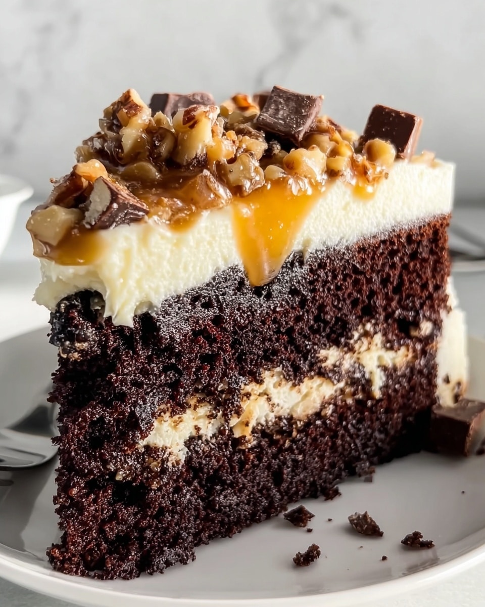A close-up of one thick slice of chocolate cake on a white plate with a white marbled background. The cake has two layers: the bottom layer is dark, moist chocolate, with a dense texture full of small holes. The top layer is creamy white frosting that looks smooth and soft, spread thickly over the cake. On top of the frosting, there are small chunks of chopped nuts and pieces of chocolate scattered unevenly. Light caramel sauce is drizzled over the nuts and frosting, giving a glossy shine and some light brown color. photo taken with an iphone --ar 4:5 --v 7