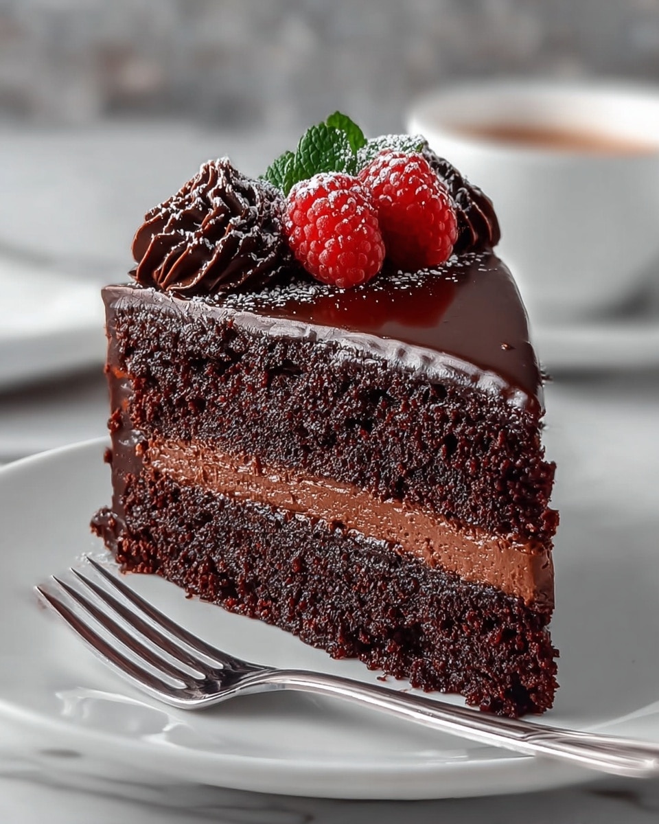 A close-up of a two-layer dark chocolate cake slice on a white plate, with the bottom and top layers being moist and dense dark chocolate sponge, and a thick, smooth milk chocolate mousse layer in between. The entire slice is covered with glossy, dark chocolate ganache dripping slightly on the sides, and topped with a swirl of rich dark chocolate frosting decorated with small chocolate crumbs and a small green mint leaf. A shiny silver fork lies on the right side on the plate. The background is a soft focus, showing a white marbled texture surface. photo taken with an iphone --ar 4:5 --v 7