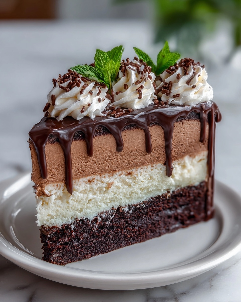A slice of cake with five layers sits on a white plate with a white marbled surface below. From bottom to top, the first layer is a dark, moist chocolate cake. Above it is a thick, smooth layer of light brown chocolate mousse. Then there is another dark chocolate cake layer, topped with a creamy white layer that looks soft and fluffy. The final layer is a dark chocolate cake topped with shiny dark chocolate ganache that drips down the sides. On top, three swirls of white whipped cream are sprinkled with small chocolate shavings and garnished with fresh green mint leaves. Photo taken with an iphone --ar 4:5 --v 7