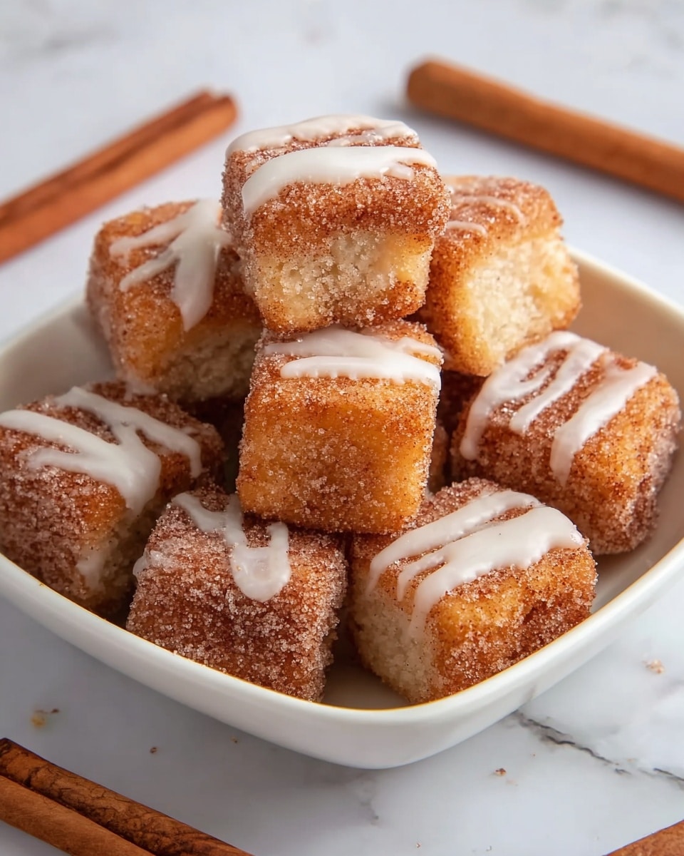 A white square bowl filled with about ten small, square cake pieces each coated in a golden-brown cinnamon sugar layer. Each piece has a slightly rough texture from the sugar and a dollop of white icing drizzled unevenly over the top. The cakes are stacked loosely, showing light, fluffy interiors contrasting with the crispy outer layer. The bowl sits on a white marbled surface with cinnamon sticks scattered around for decoration. photo taken with an iphone --ar 4:5 --v 7