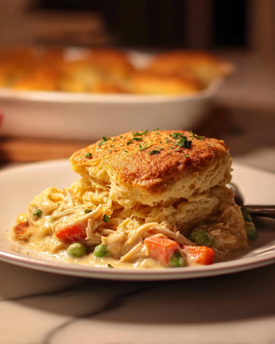 A white plate holds a layered dish with a thick, golden-brown biscuit crust on top, slightly puffy and sprinkled with small green herb pieces. Underneath the crust is a creamy, light yellow sauce mixed with tender chunks of shredded chicken, bright orange carrot pieces, and green peas, all blending together with a soft texture. The scene is set on a white marbled surface with warm lighting that gives the dish a homey, comforting feel. In the background, there is a blurred image of more baked biscuits. photo taken with an iphone --ar 4:5 --v 7