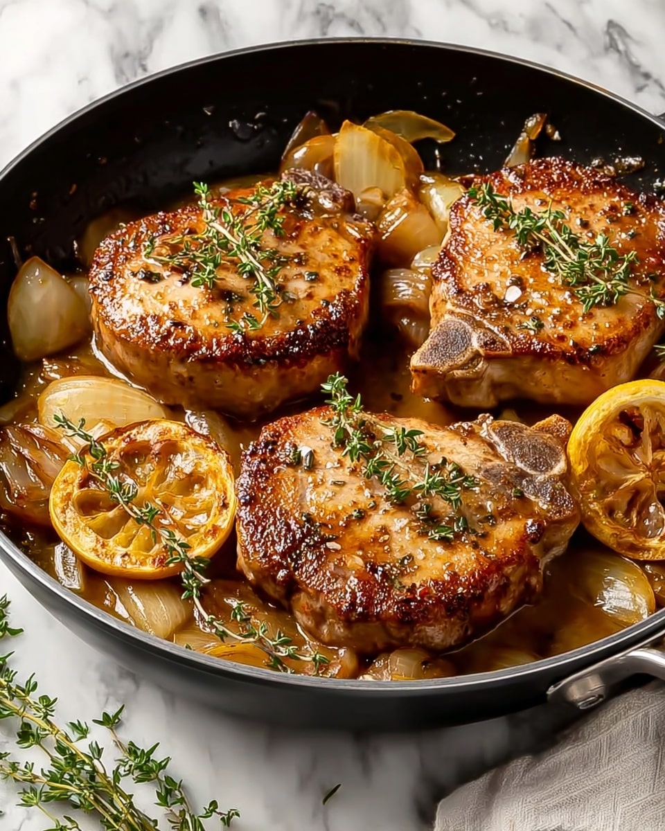 This image shows two thick, grilled pork chops with a golden-brown sear, dotted with black pepper and coarse salt on their surface. The pork chops sit on a bed of caramelized golden onions and small, soft apple slices that have a light brown color from cooking. Fresh green sprigs of thyme are laid on top of the chops and around the pan, adding a pop of color. The dish is presented in a black pan placed on a white marbled surface, emphasizing the warm tones of the cooked meat and vegetables. photo taken with an iphone --ar 4:5 --v 7