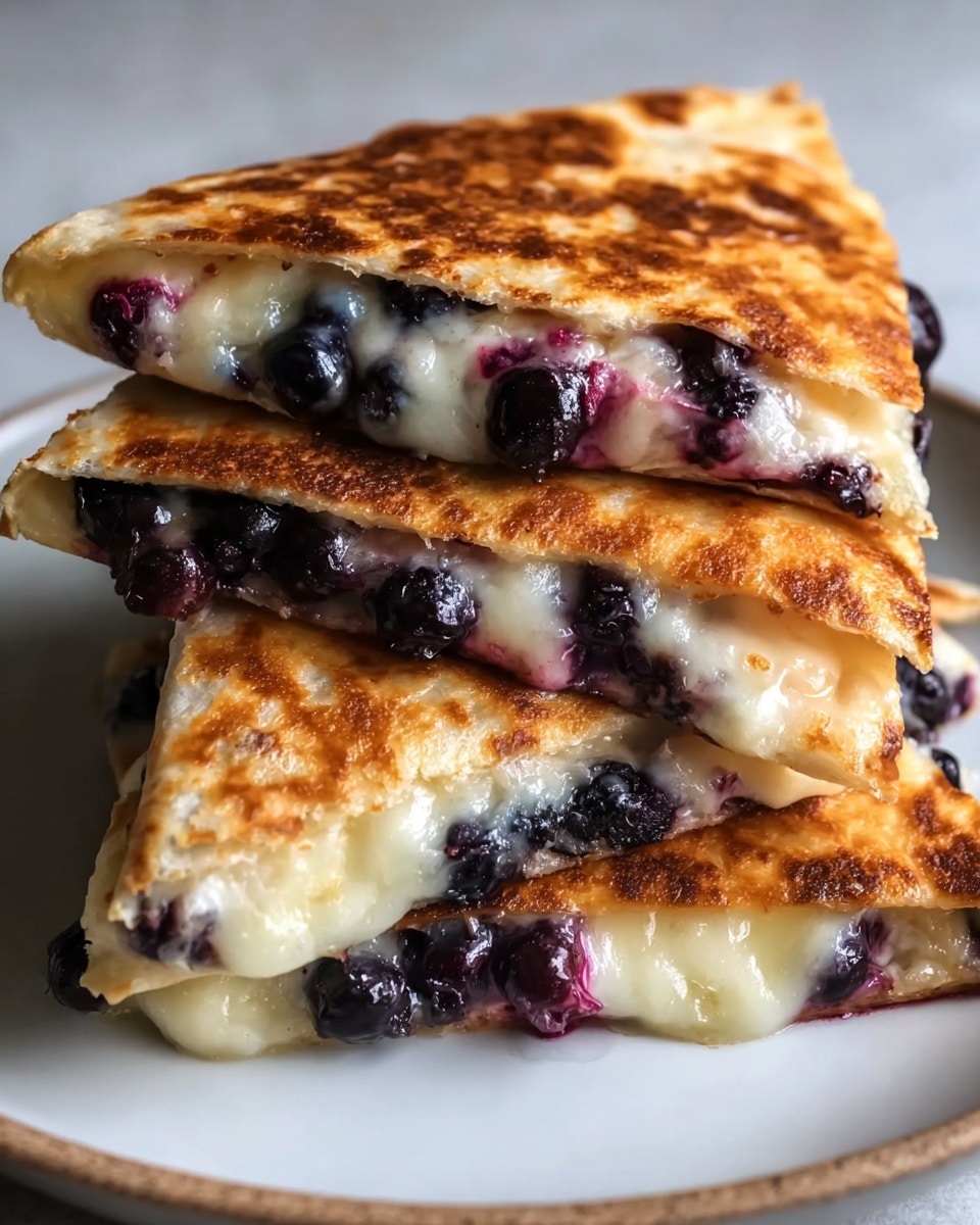 Three golden brown quesadilla slices are stacked on a white plate with a white marbled texture background. Each slice shows a crispy, slightly bubbly outer tortilla layer with a warm brown color. Inside, a gooey, melted white cheese layer is mixed with plump, shiny dark purple blueberries, some juices slightly oozing out. The blueberries are spread evenly through the cheese in each slice, creating a contrast of colors and soft textures against the crunchy exterior. Photo taken with an iphone --ar 4:5 --v 7