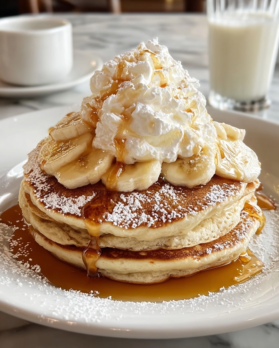 A stack of three thick, golden brown pancakes sit in the middle of a white plate, each pancake showing a soft, fluffy texture with small air holes. The pancakes are dusted with powdered sugar and topped with a generous heap of white whipped cream mixed with banana slices, drizzled with amber-colored maple syrup that flows gently down the sides. The plate rests on a white marbled surface, with a blurred glass of milk visible in the background. photo taken with an iphone --ar 4:5 --v 7