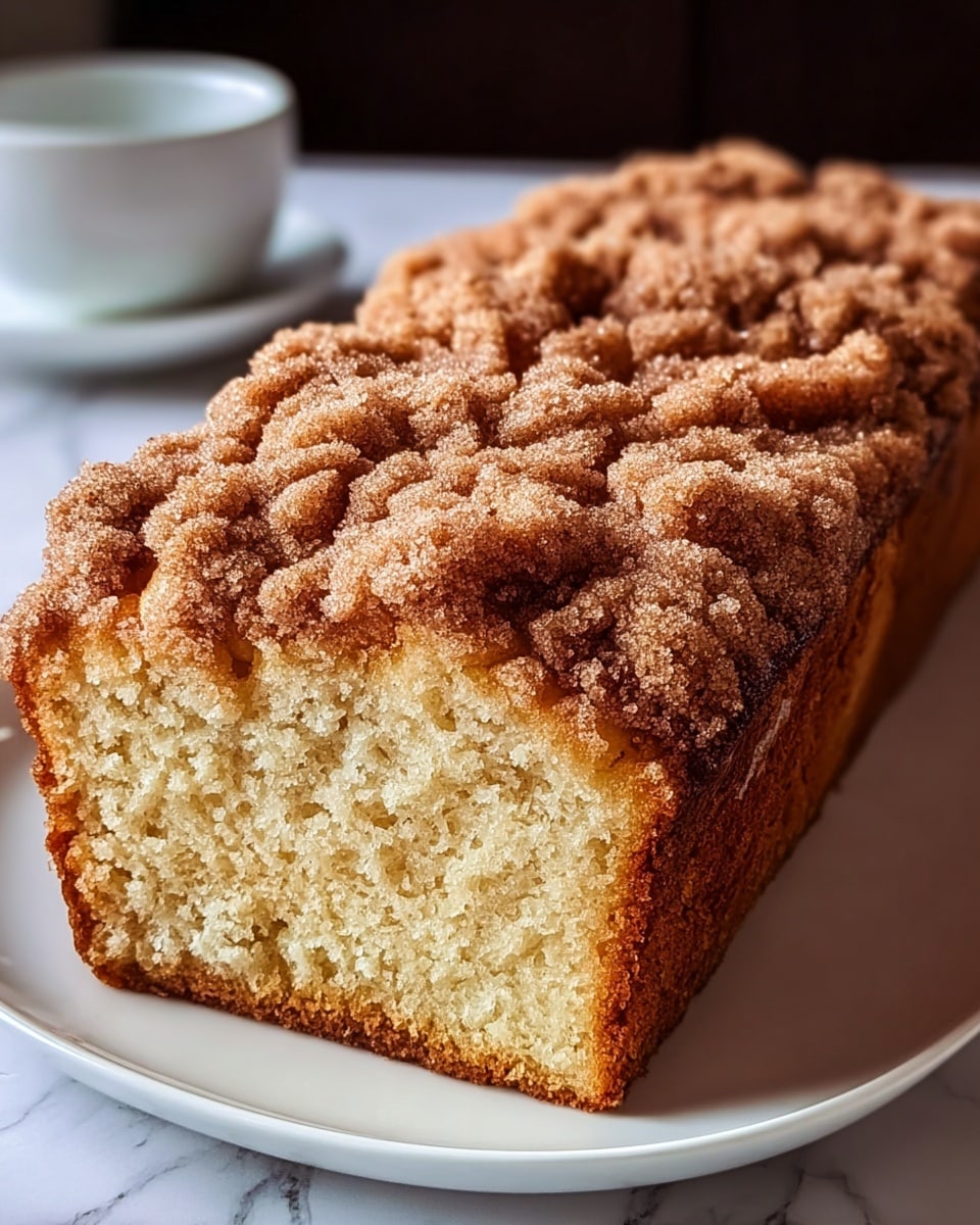 A rectangular cinnamon sugar crumb cake with one long side cut to show the inside is placed on a white plate on a white marbled texture. The bottom layer is a light golden brown cake with a soft, airy texture. The top layer is a thick, crunchy crumb topping made of cinnamon sugar, covering the entire top with small uneven mounds sprinkled in light and dark brown. The cake edges are dark brown and slightly rough, showing where it baked in the pan. Photo taken with an iphone --ar 4:5 --v 7